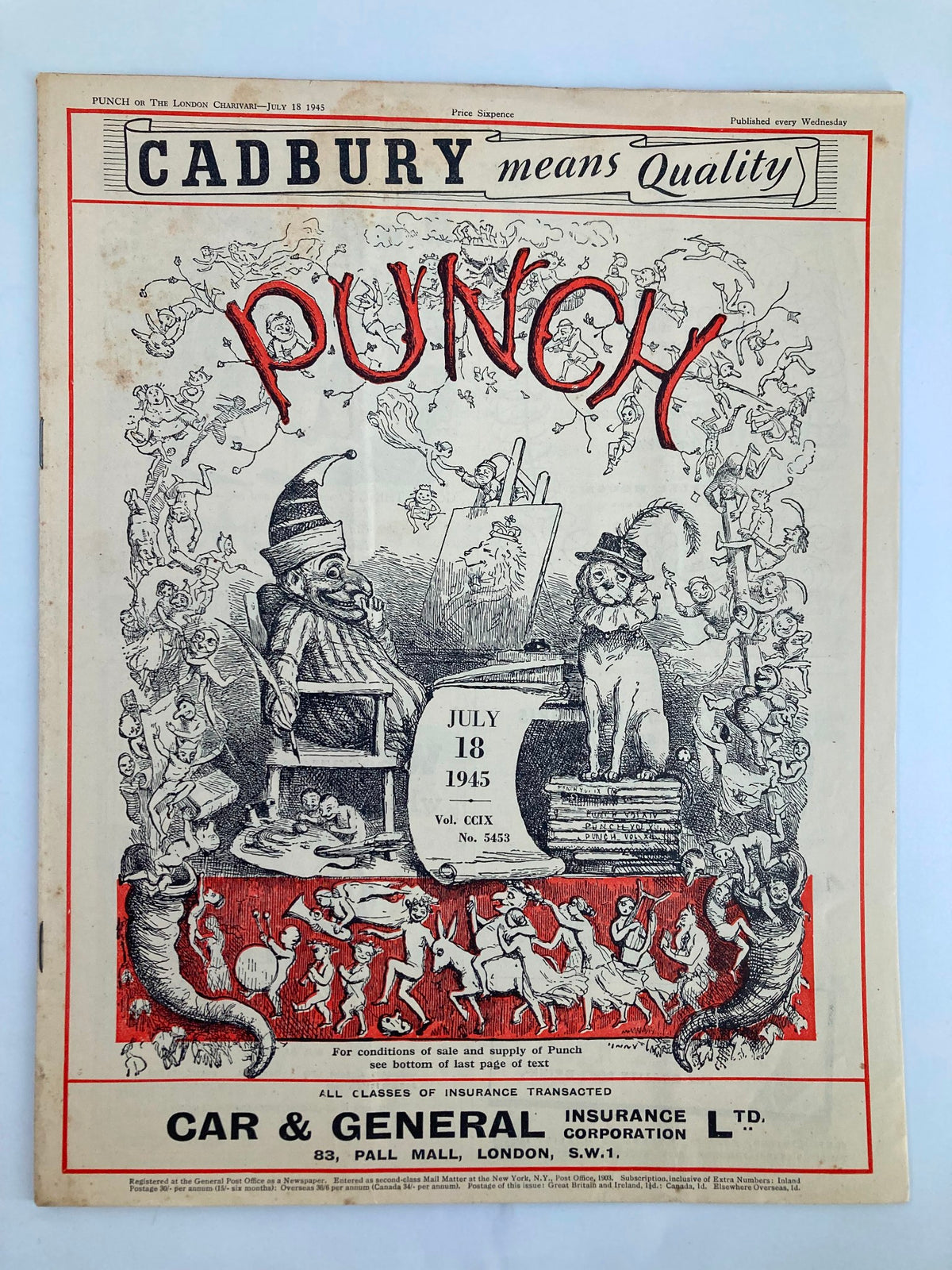 Cover of VTG Punch Magazine dated July 18, 1945, issue #5453, featuring humorous illustrations and art reflecting World War II era humor.