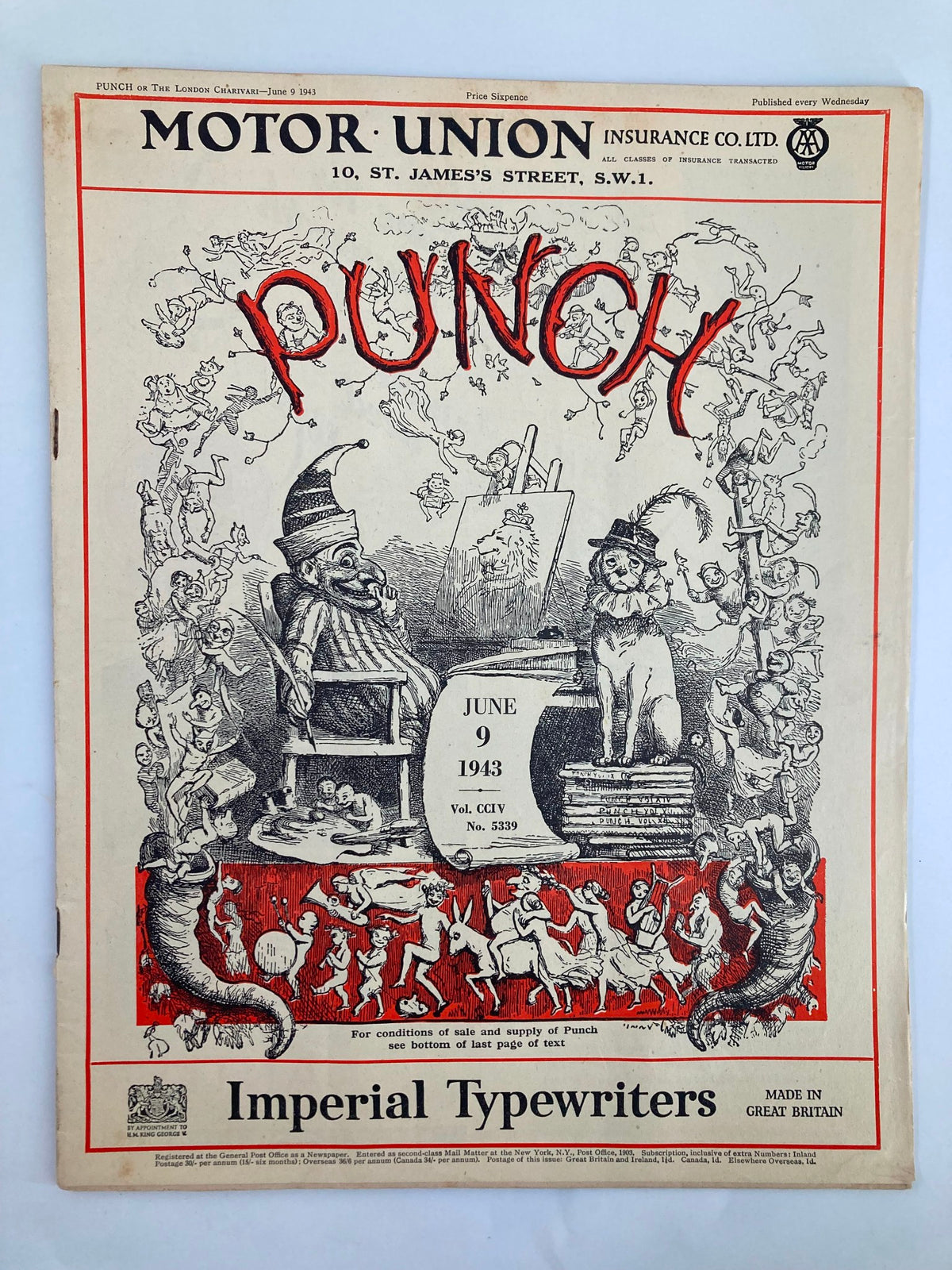 Cover of VTG Punch Magazine June 9, 1943 #5339 Vol 204 featuring whimsical cartoon art and humorous illustrations related to World War II.