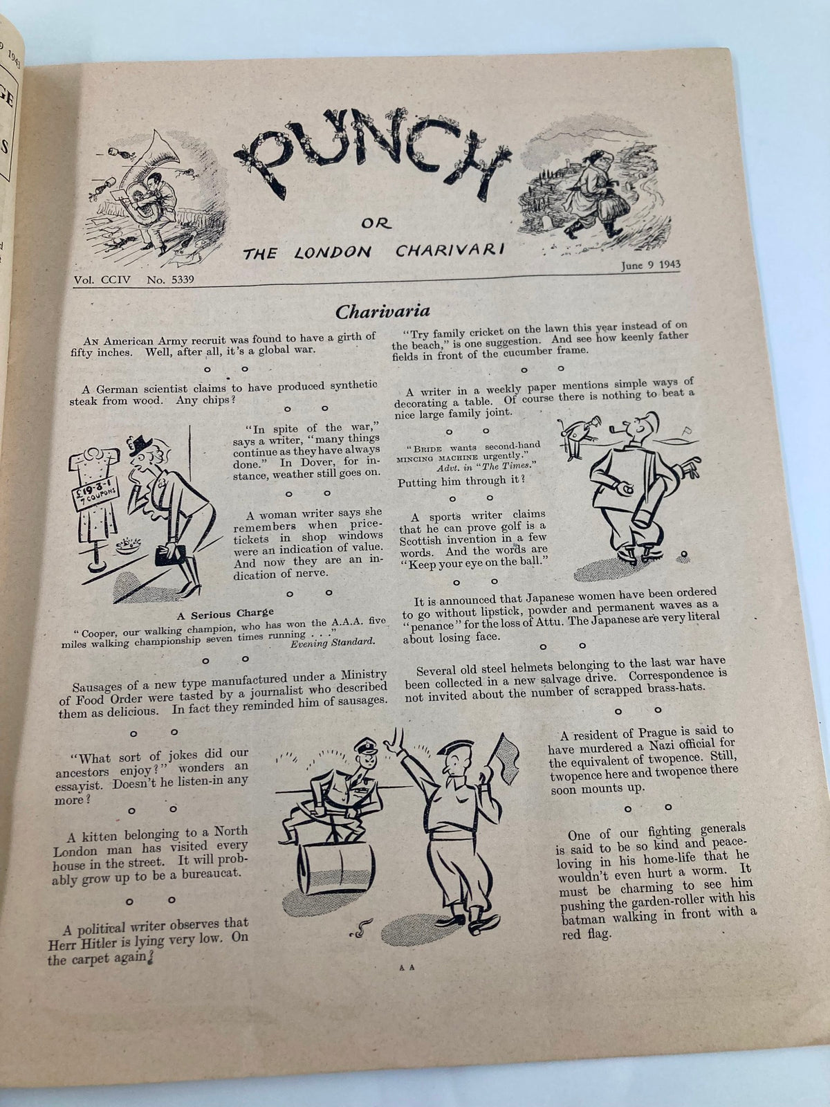 Inside page of VTG Punch Magazine June 9, 1943 #5339 Vol 204 showcasing humorous articles and cartoons reflecting the era's sentiments during World War II.