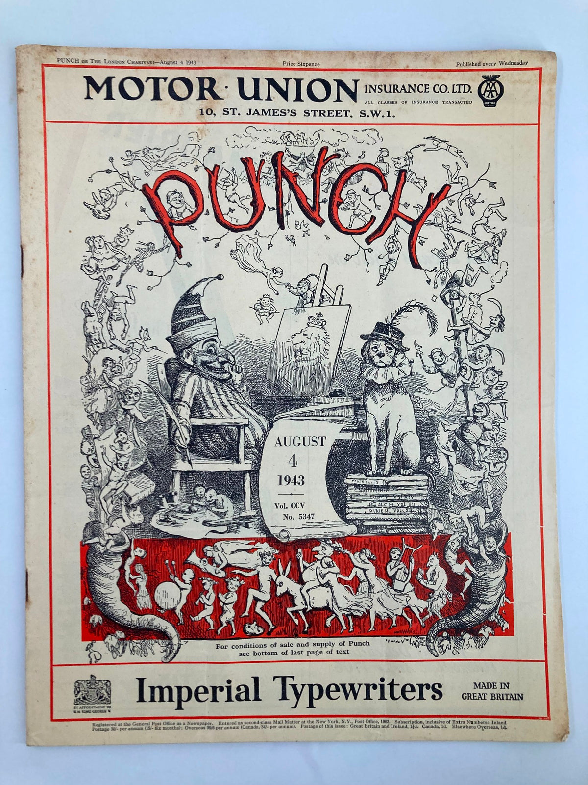Cover of VTG Punch Magazine August 4 1943 #5347 Vol 205 featuring humorous illustrations, showcasing World War II-era satire and cartoons.