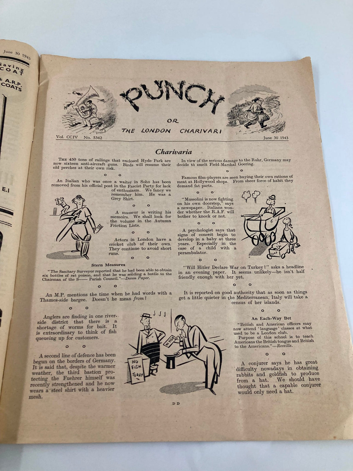 Inside page of the VTG Punch Magazine June 30 1943 #5342 Vol 204, presenting witty cartoons and articles typical of the humor from the World War II period.
