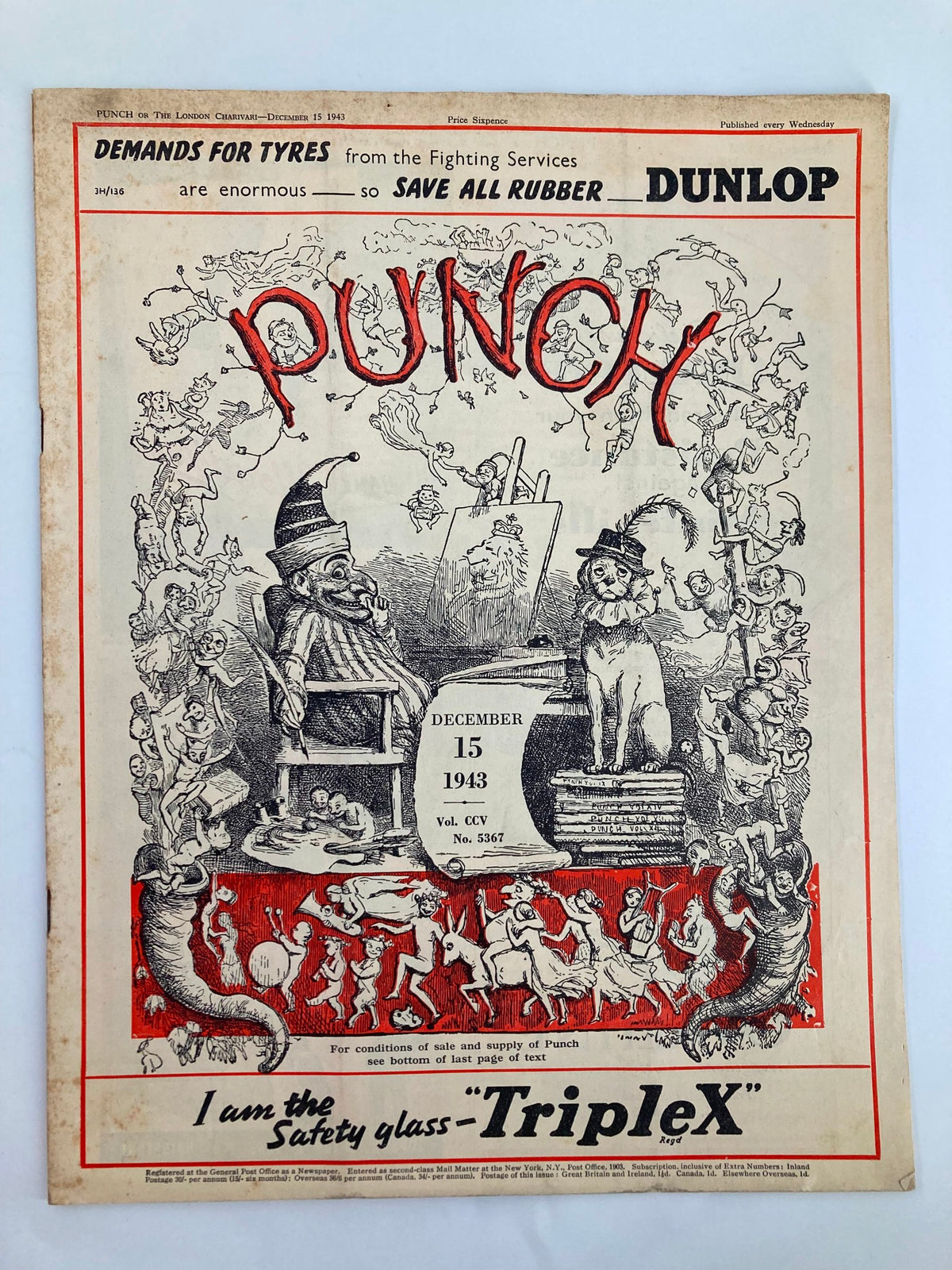 Cover of VTG Punch Magazine December 15, 1943, featuring humorous cartoons and historical elements from World War II, Volume 205, Number 5367.