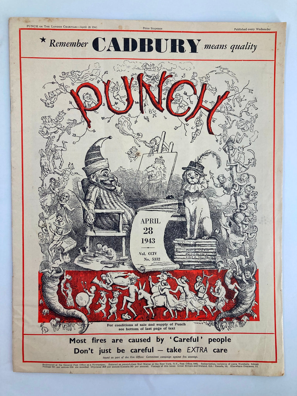 Cover of VTG Punch Magazine April 28 1943 #5332 Vol 204 featuring cartoons and humor, showcasing illustrations relevant to World War II.