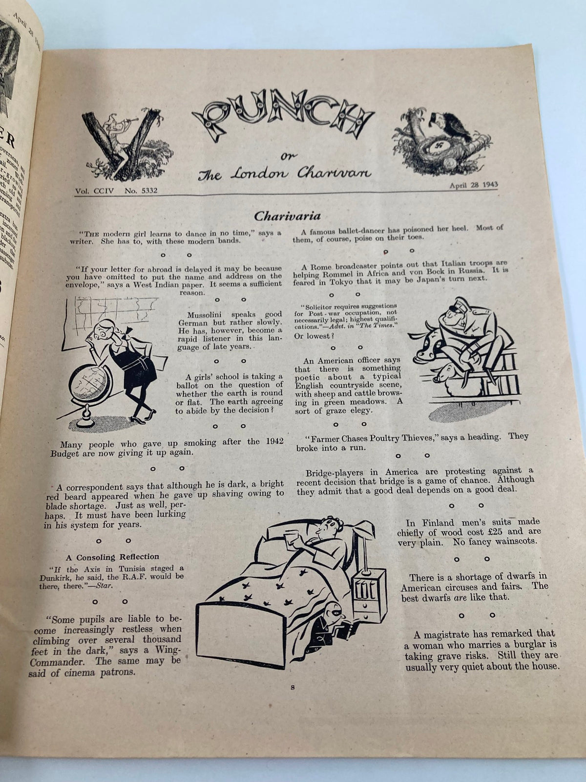 Interior page of VTG Punch Magazine April 28 1943 #5332 Vol 204, displaying articles and cartoons that reflect the comedic perspective of the era.