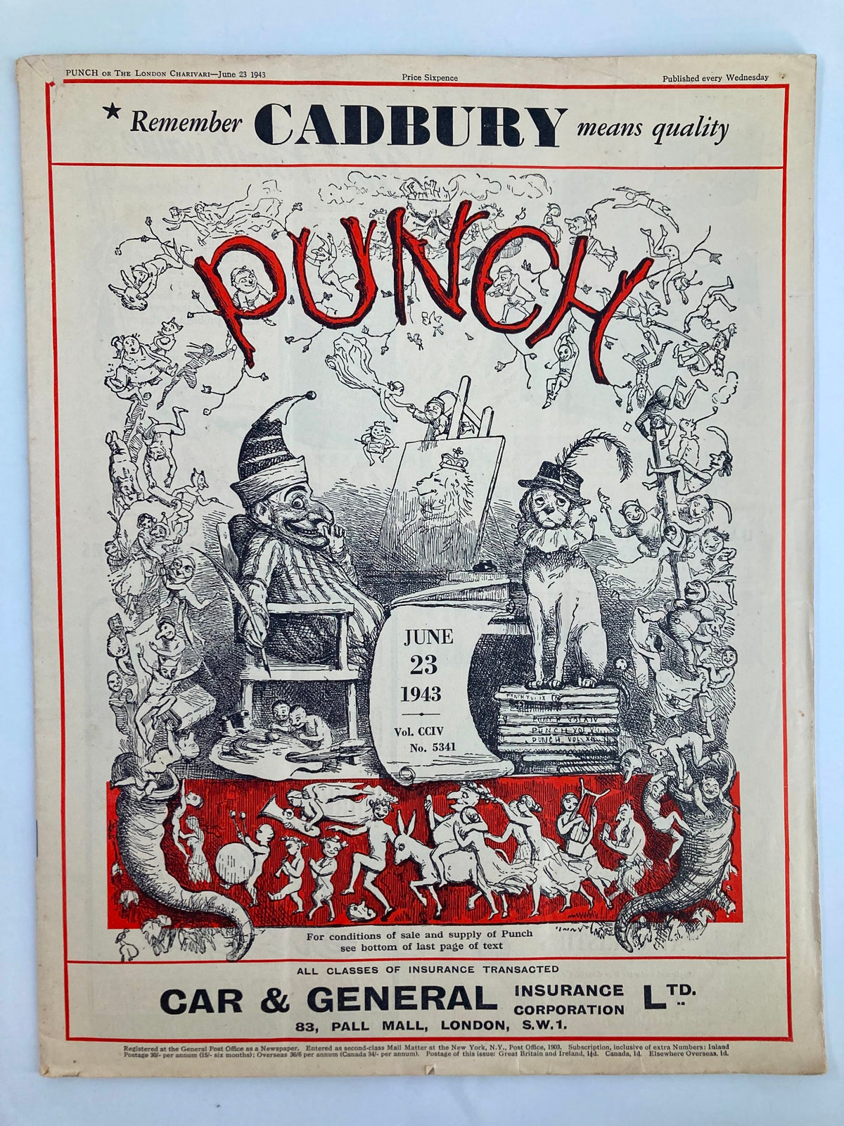 Cover of VTG Punch Magazine June 23, 1943, No. 5341, Vol. CCIV featuring cartoon illustrations and vintage advertising, reflecting wartime humor.