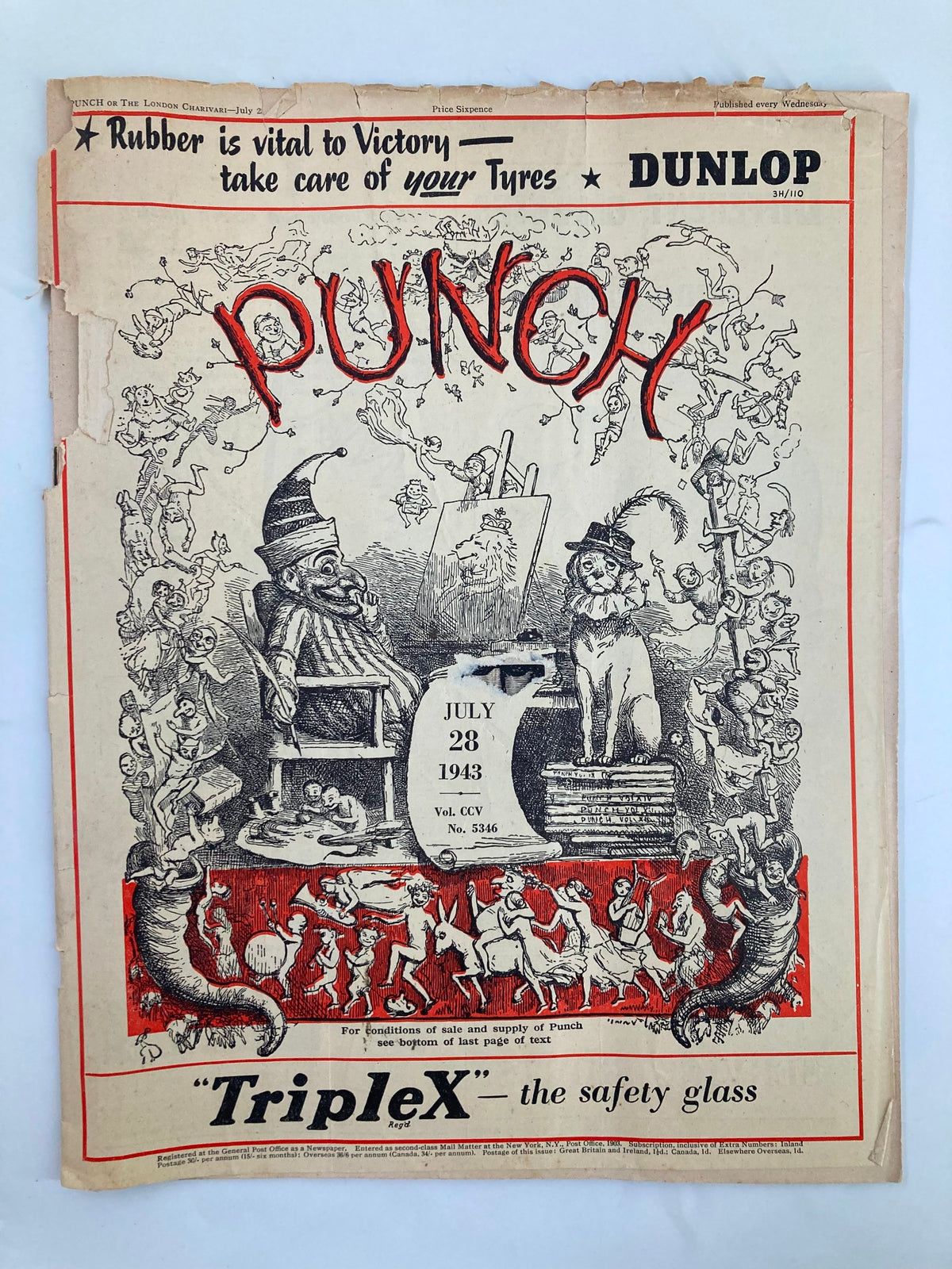 Cover of VTG Punch Magazine July 28 1943 #5346 Vol 205 featuring WWII-themed cartoons and humor, displaying vibrant illustrations and witty title.