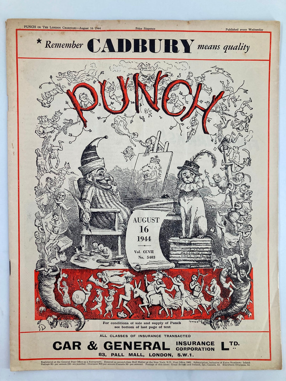 Vintage Punch Magazine cover from August 16, 1944, Issue #5403, showcasing humorous illustrations and cartoon characters reflecting World War II themes.