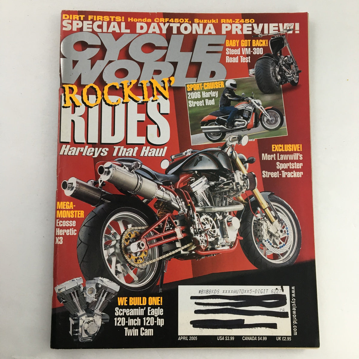 Cycle World Magazine April 2005 featuring Mert Lawwill's Sportster Street-Tracker on the cover, showcasing motorcycle culture with a focus on high-performance custom bikes.