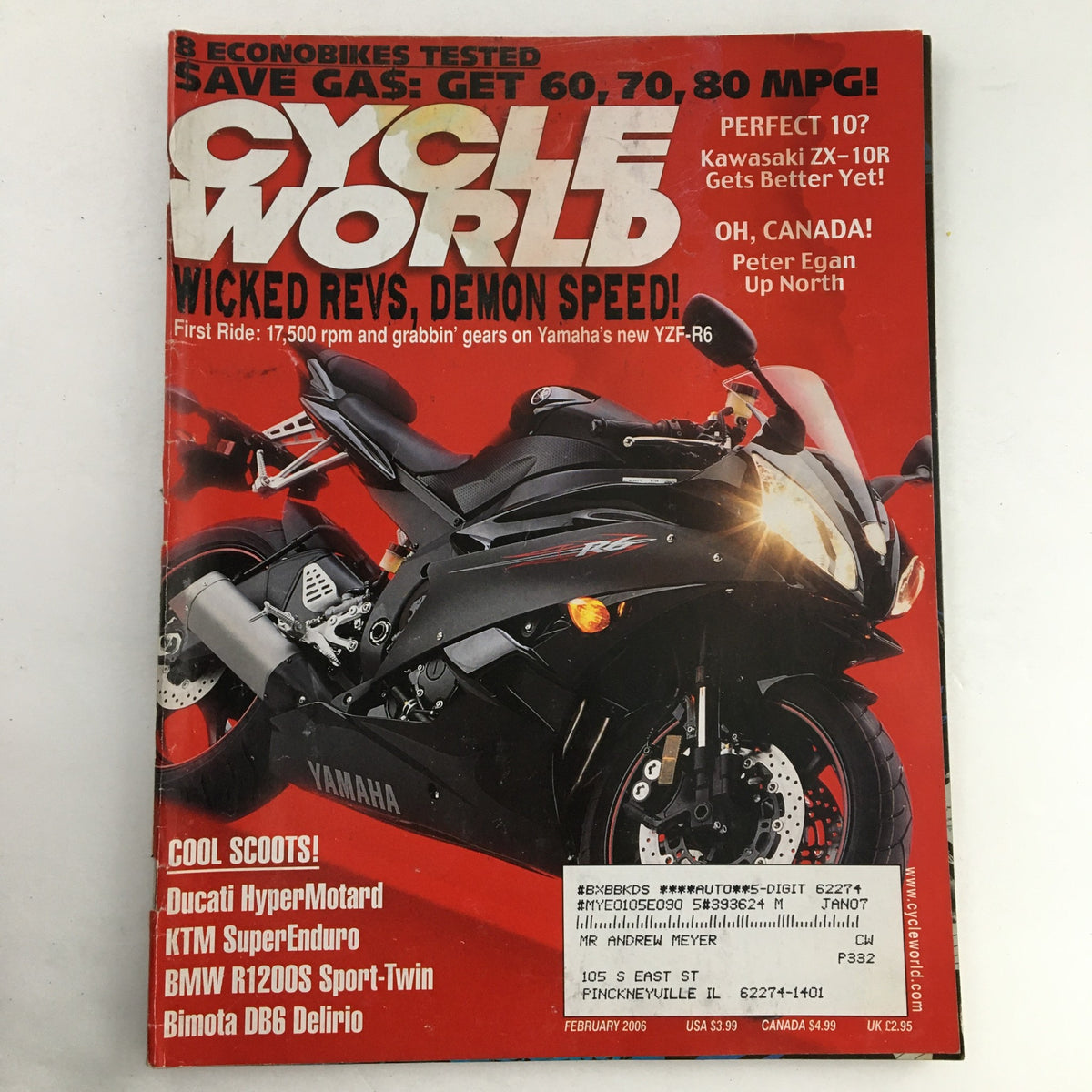 Cycle World Magazine February 2006 cover featuring the Kawasaki ZX-10R motorcycle, showcasing a detailed review and an article by Peter Egan about his adventures Up North.