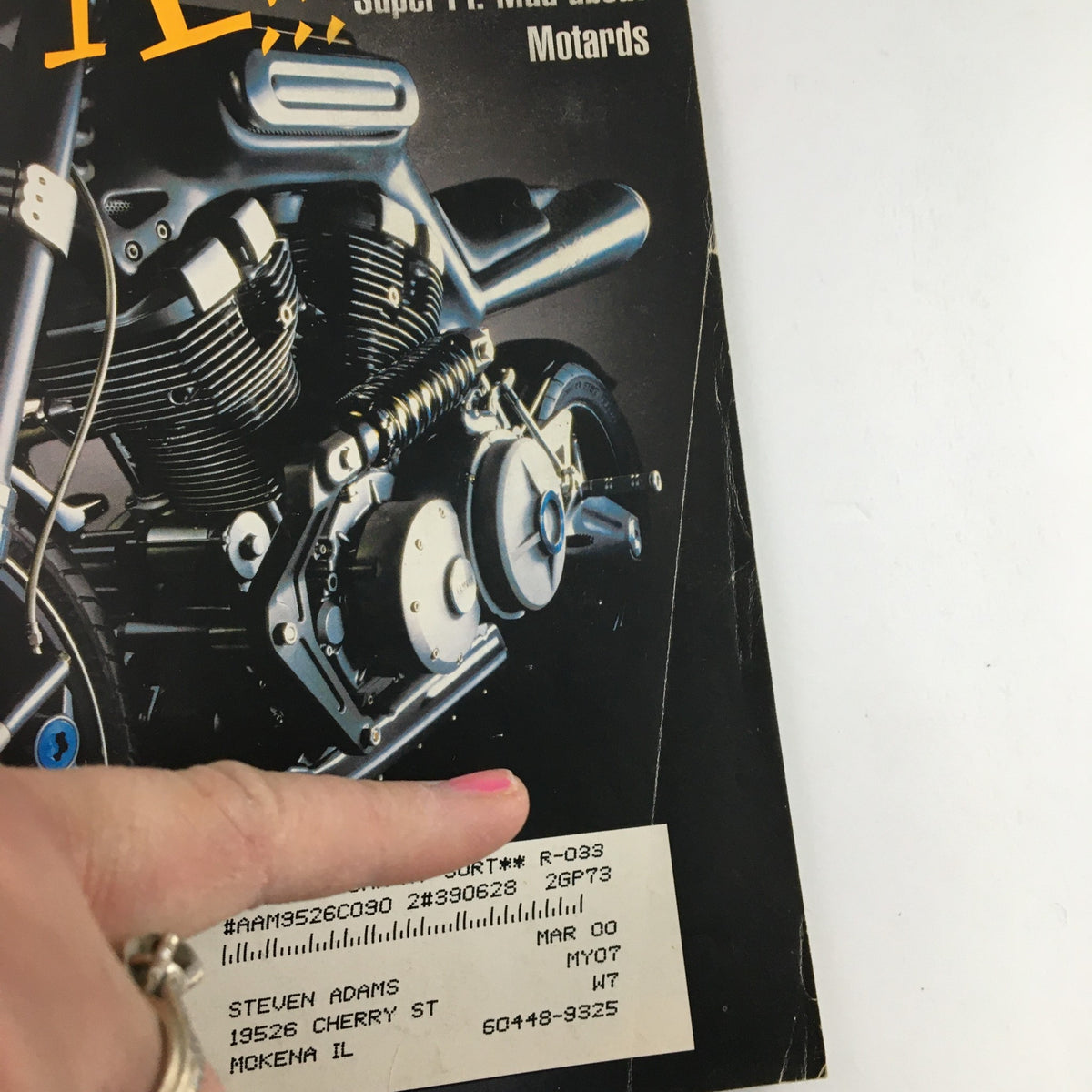 Close-up of Cycle World Magazine January 2000 cover displaying address label and part of the magazine's front, focused on the Yamaha MT-01 1600CC V-Twin motorcycle.