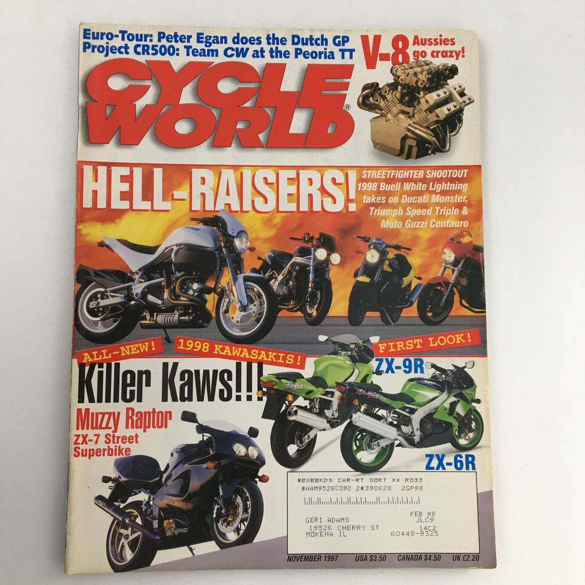 Cycle World Magazine November 1997 cover featuring motorcycle highlights including Peter Egan's Euro Tour and Project CR500. Strike a balance between performance and touring.