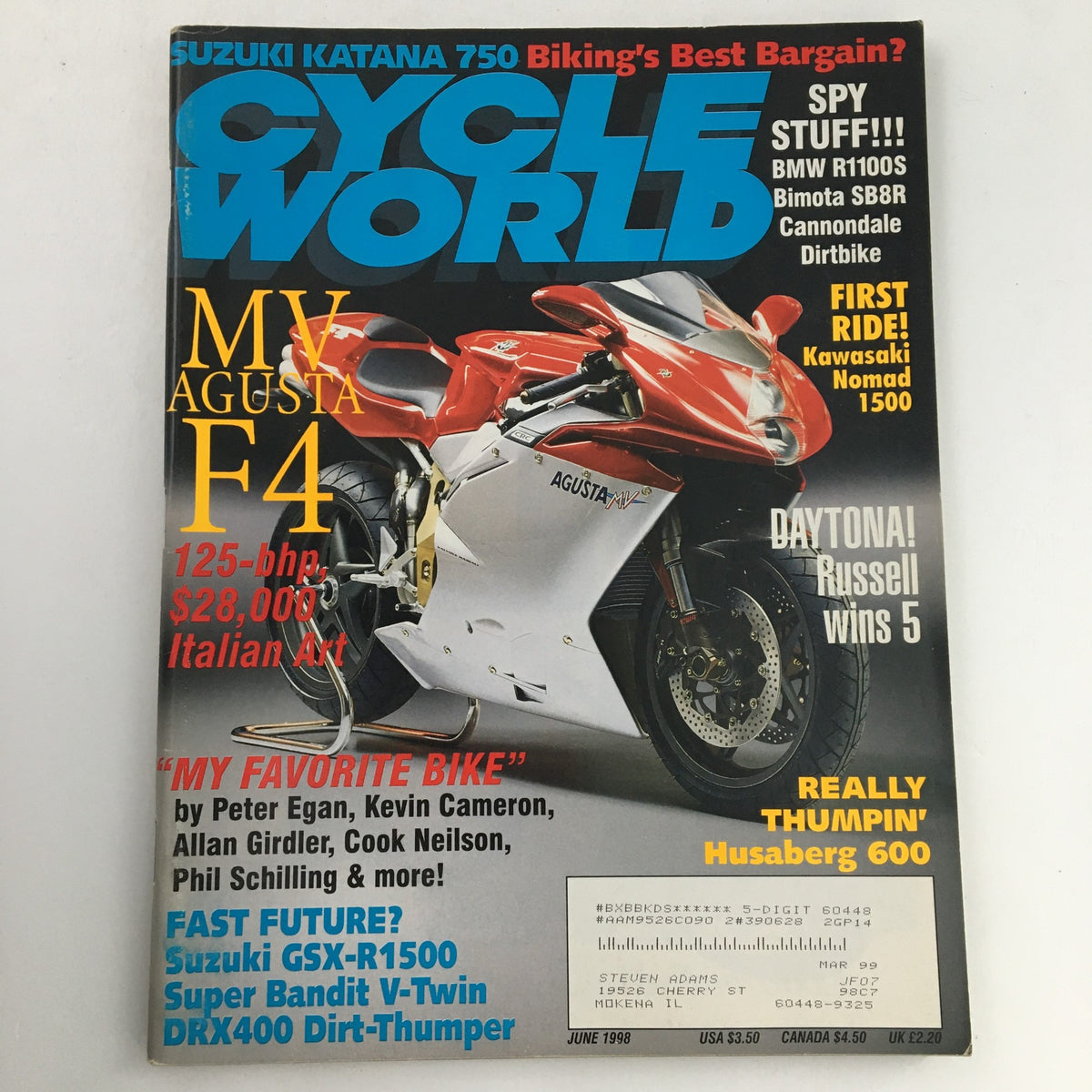 Cycle World Magazine June 1998 cover featuring the MV Agusta F4 motorcycle, highlighting its 125 bhp and price as $28,000, along with features on Daytona Russell's five wins.