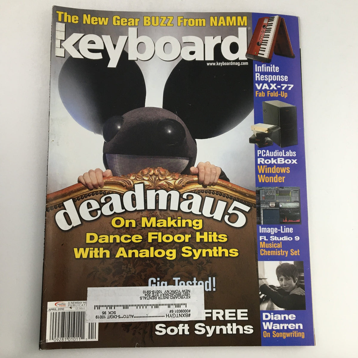 Cover of Keyboard Magazine April 2010 featuring Diane Warren, FL Studio 9, PCAudioLabs RokBox, and deadmau5 with a focus on music technology and production.