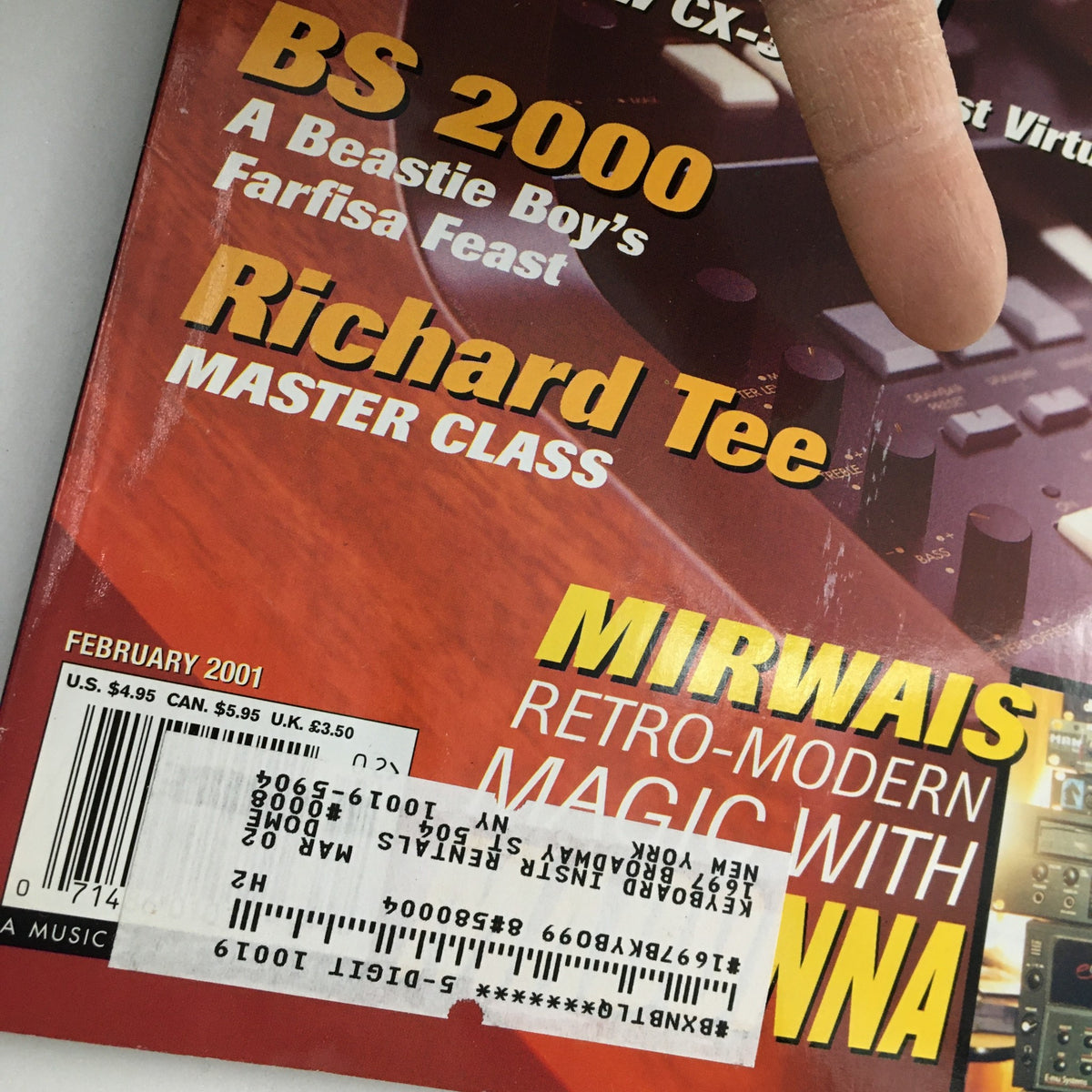 Close-up of the cover of Keyboard Magazine February 2001, highlighting the title 'Keyboard Magazine February 2001 Mirwais Retro-Modern Magic with Madonna'. The image showcases the original address label, emphasizing its collectibility.