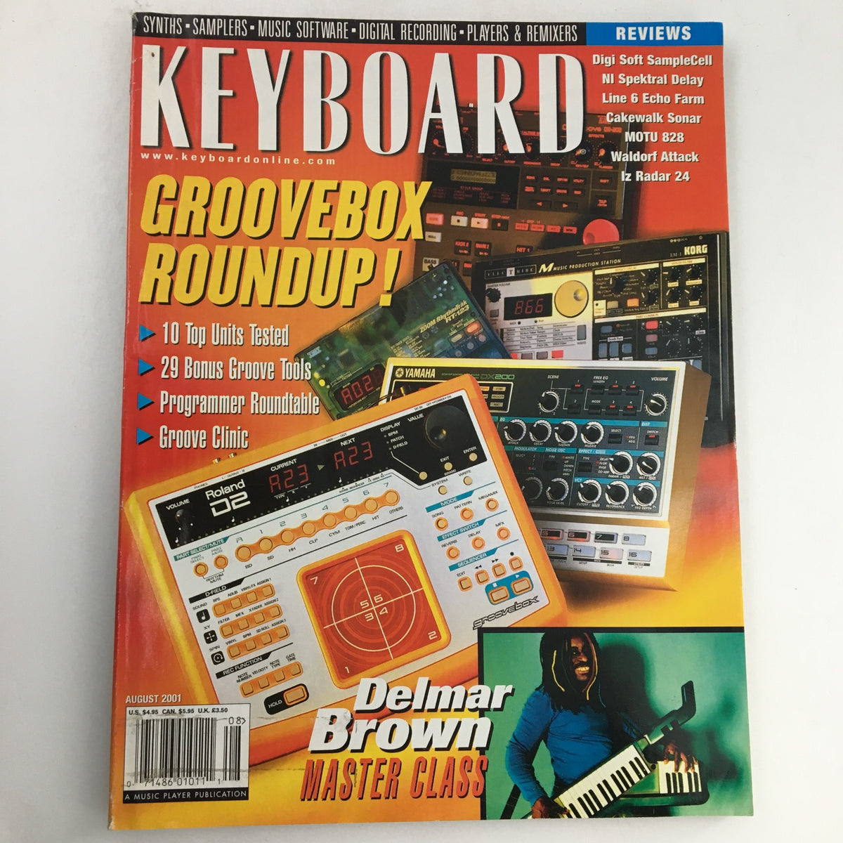 Cover of Keyboard Magazine August 2001 featuring Delmar Brown Master Class and Groovebox Roundup, showcasing electronic music equipment.
