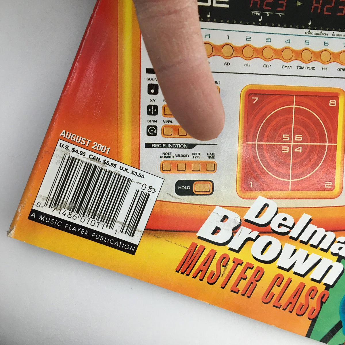 Close-up of the back cover of Keyboard Magazine August 2001, displaying the publication date and bar code while highlighting Delmar Brown's Master Class.