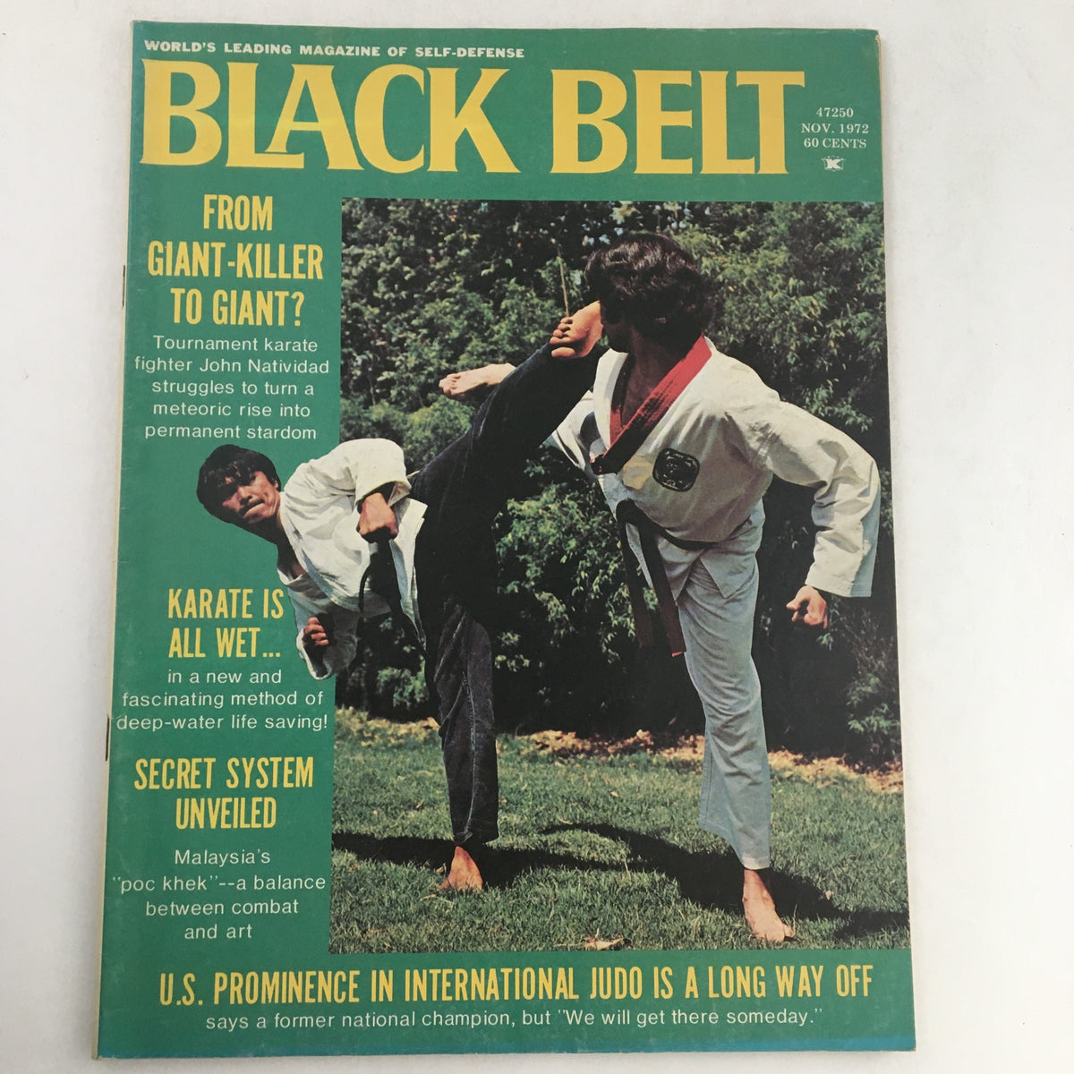 Cover of Black Belt Magazine, November 1972, Vol 10 #11, featuring tournament karate fighter John Natividad demonstrating a martial arts technique.