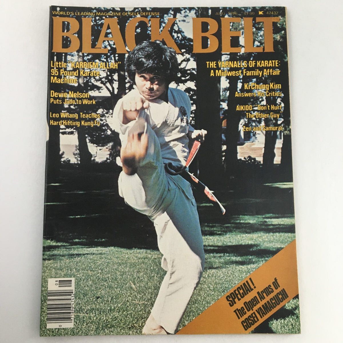 Cover of Black Belt Magazine August 1976 Vol 14 #8 featuring Little 'Karriem Allah' Karate Machine, showcasing a karateka performing a high kick on the lawn.