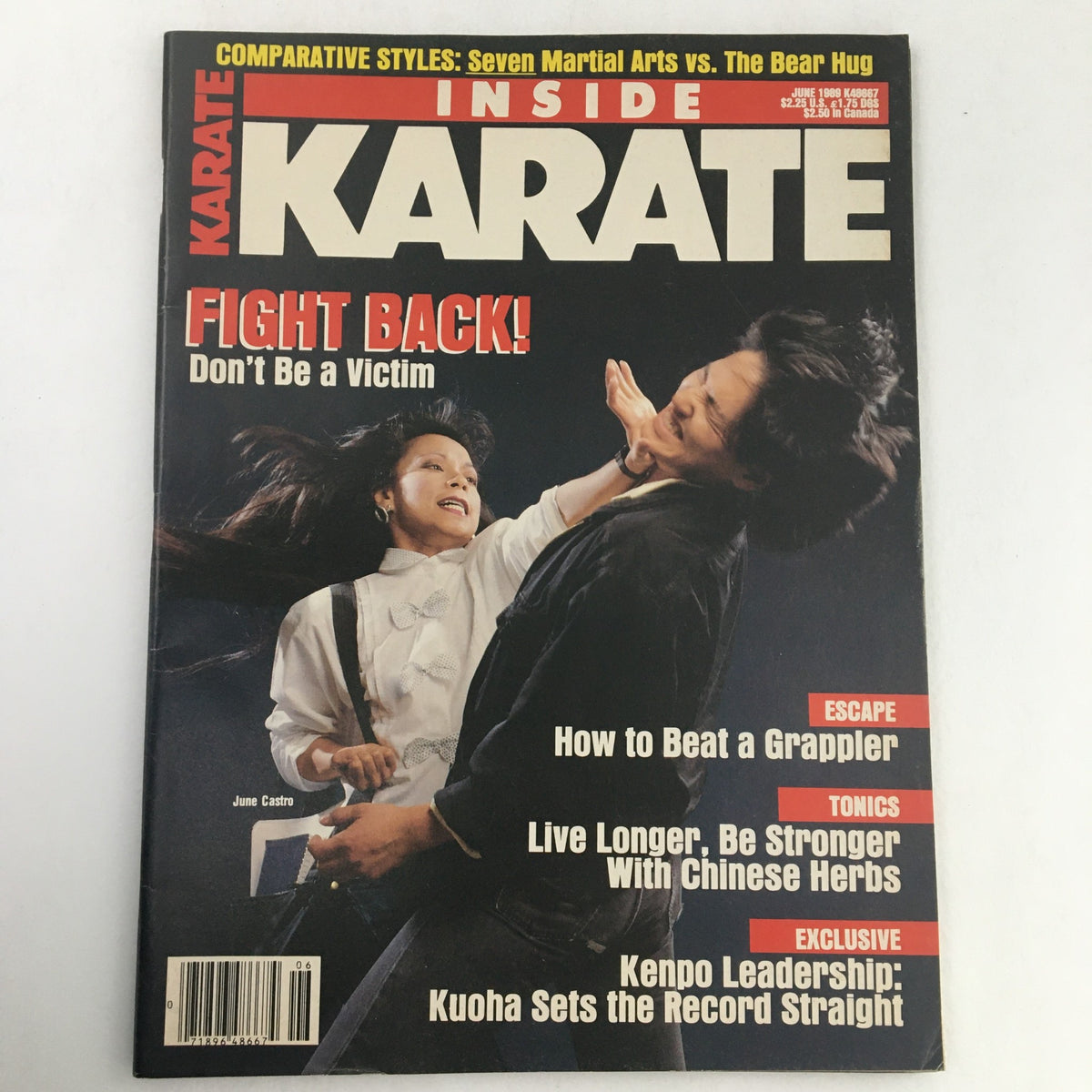 Cover of Inside Karate Magazine June 1989 Vol 10 #6 featuring June Castro and articles on Kenpo Leadership and Martial Arts techniques.