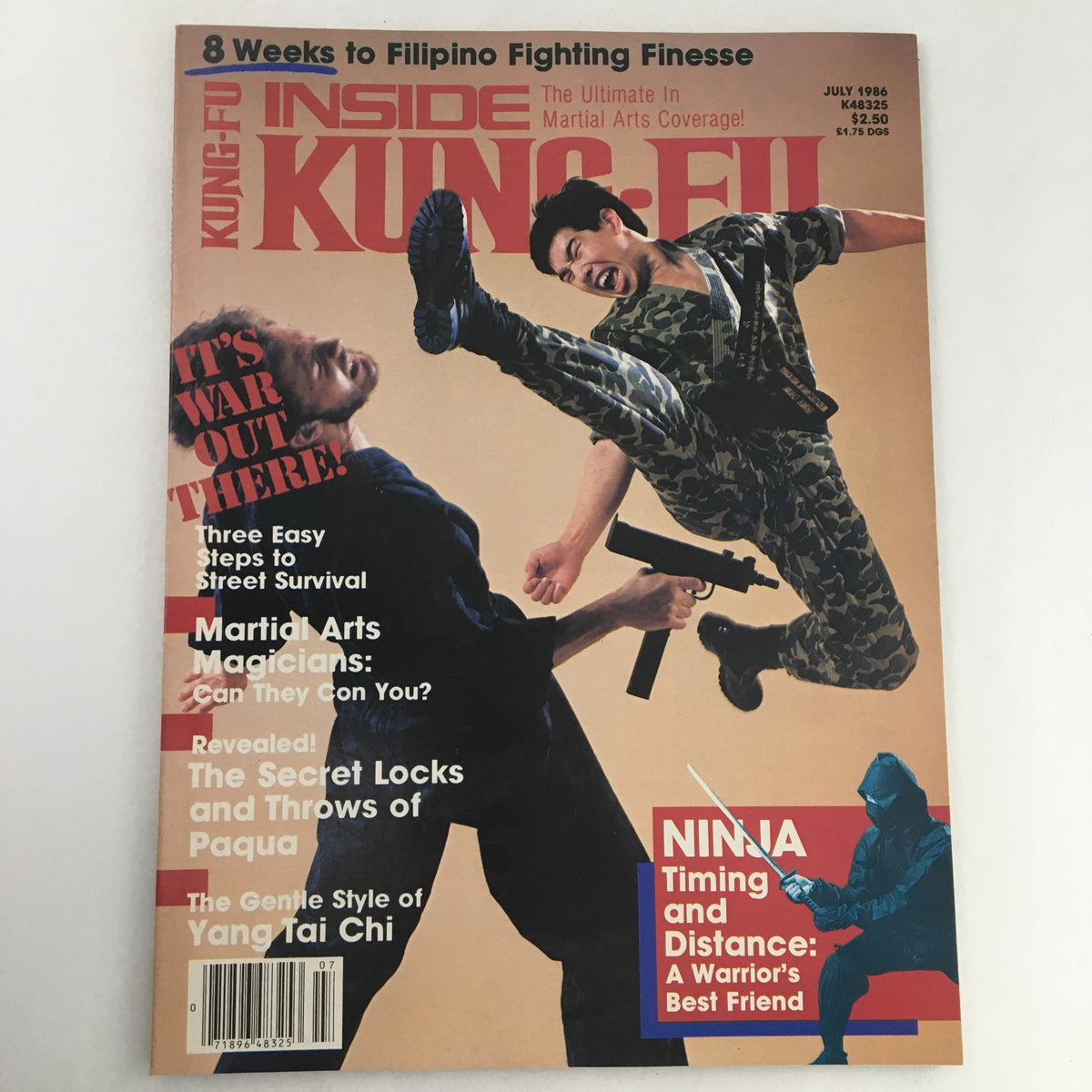 Cover of Inside Kung-Fu Magazine, July 1986 Vol 13 #7 featuring martial artists showcasing a dynamic kick related to Yang Tai Chi.