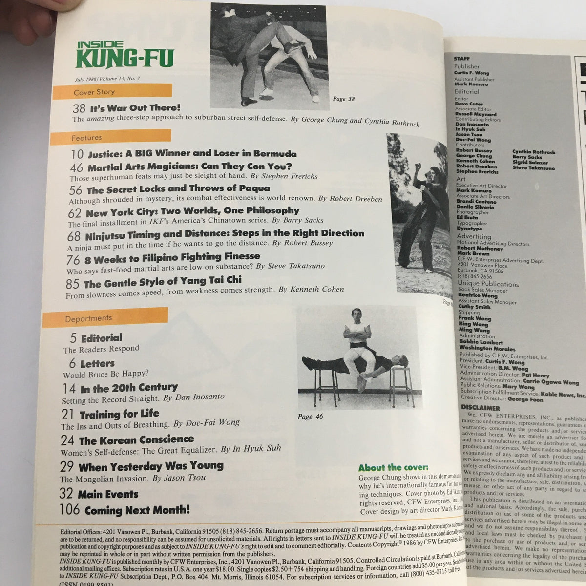 Table of contents from Inside Kung-Fu Magazine, July 1986 Vol 13 #7 highlighting articles including The Gentle Style of Yang Tai Chi.