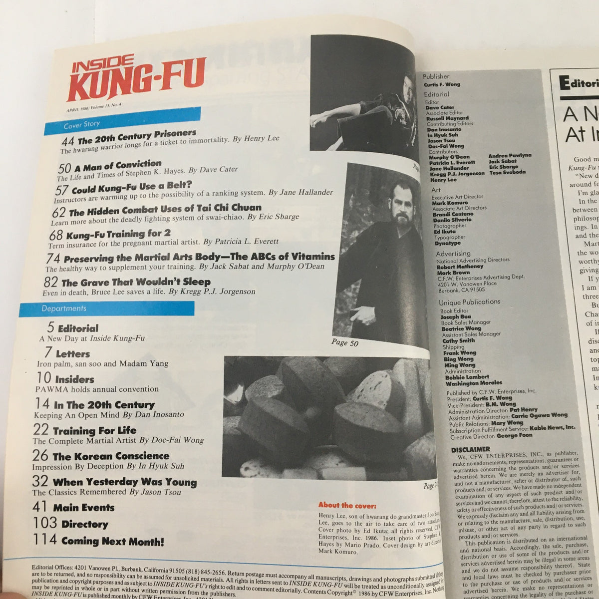 Interior page of Inside Kung-Fu Magazine April 1986 Vol 13 #4 featuring articles and topics related to martial arts training, philosophy, and history.