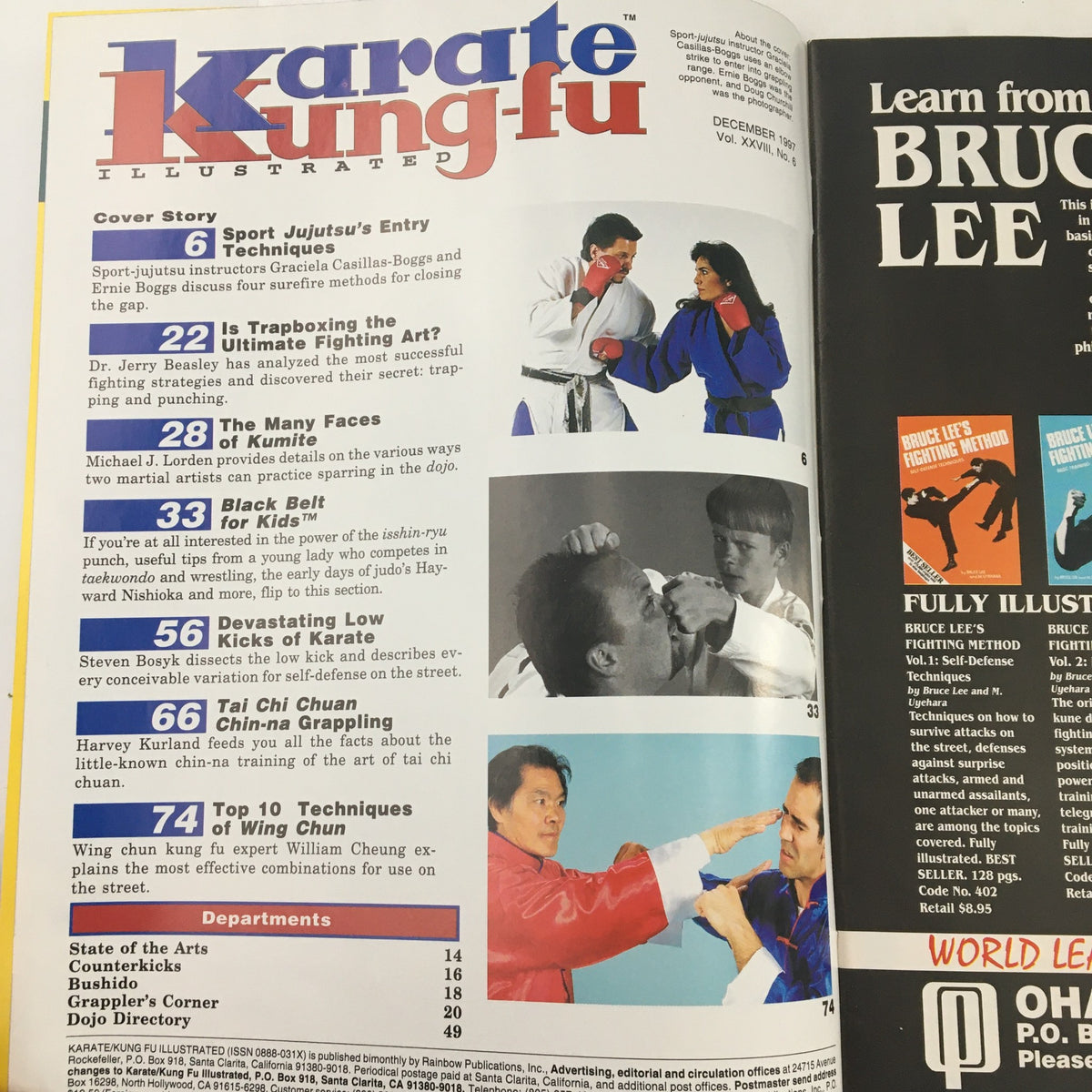Inside page of Karate Kung-Fu Illustrated Magazine December 1997 displaying the contents including cover story on Sport Ju-Jutsu, fighting techniques, and martial arts training strategies. Features an article by Dr. Jerry Beasley.