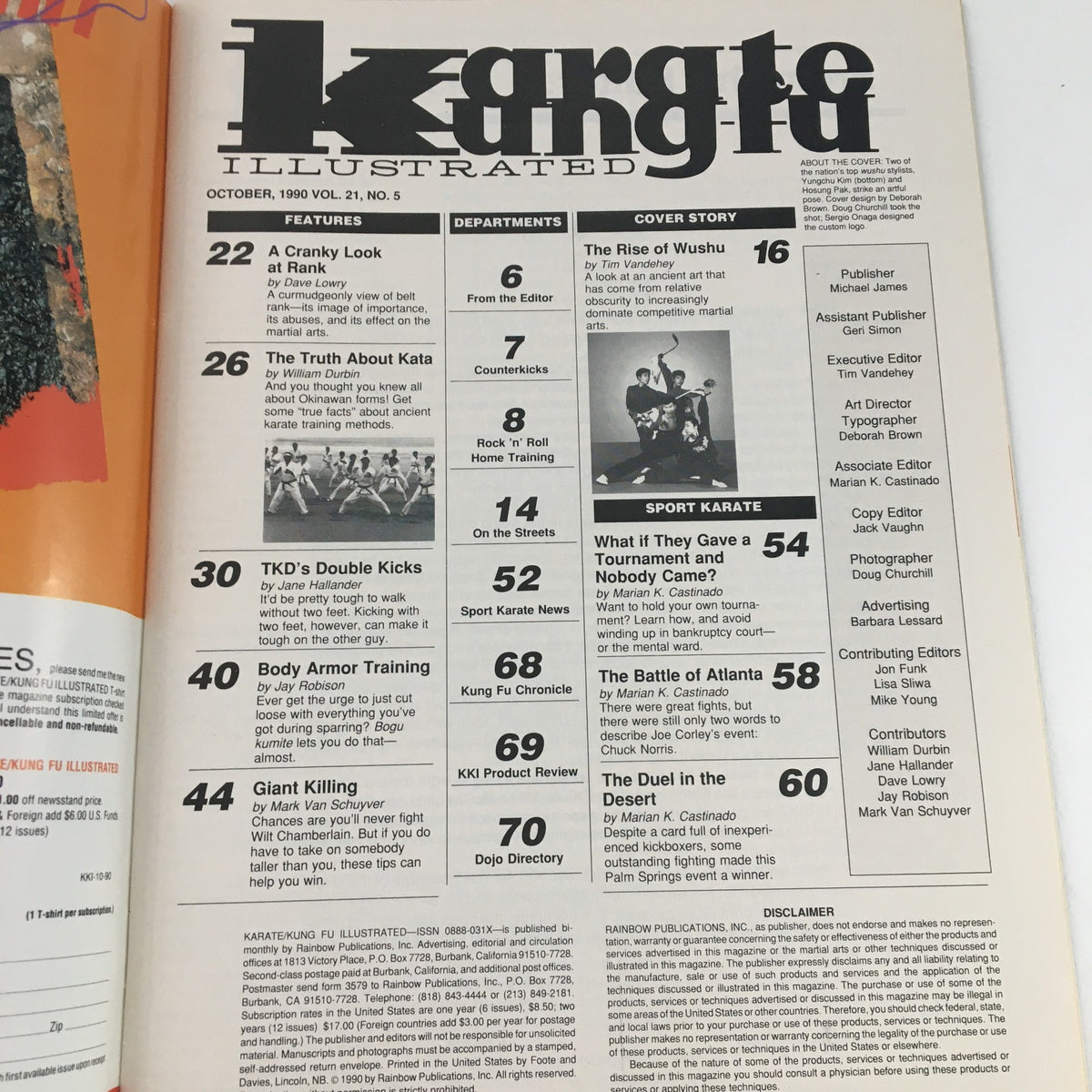 Inside spread of the October 1990 Karate Kung-Fu Illustrated Magazine highlighting features, articles, and departments focused on martial arts training and competitions.