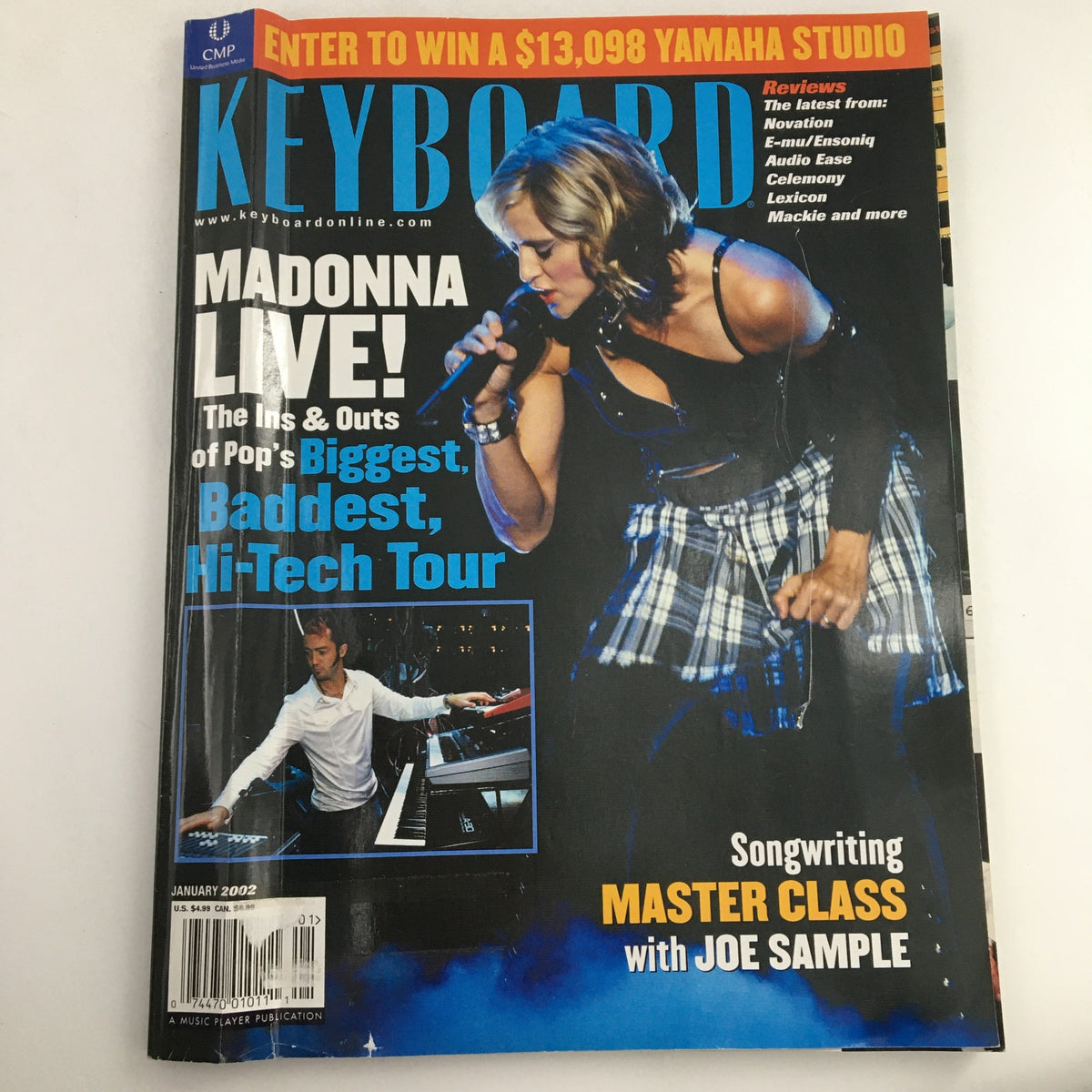 Keyboard Magazine January 2002 cover featuring Madonna performing live, highlighting the in-depth article on her tour and music technology innovations.