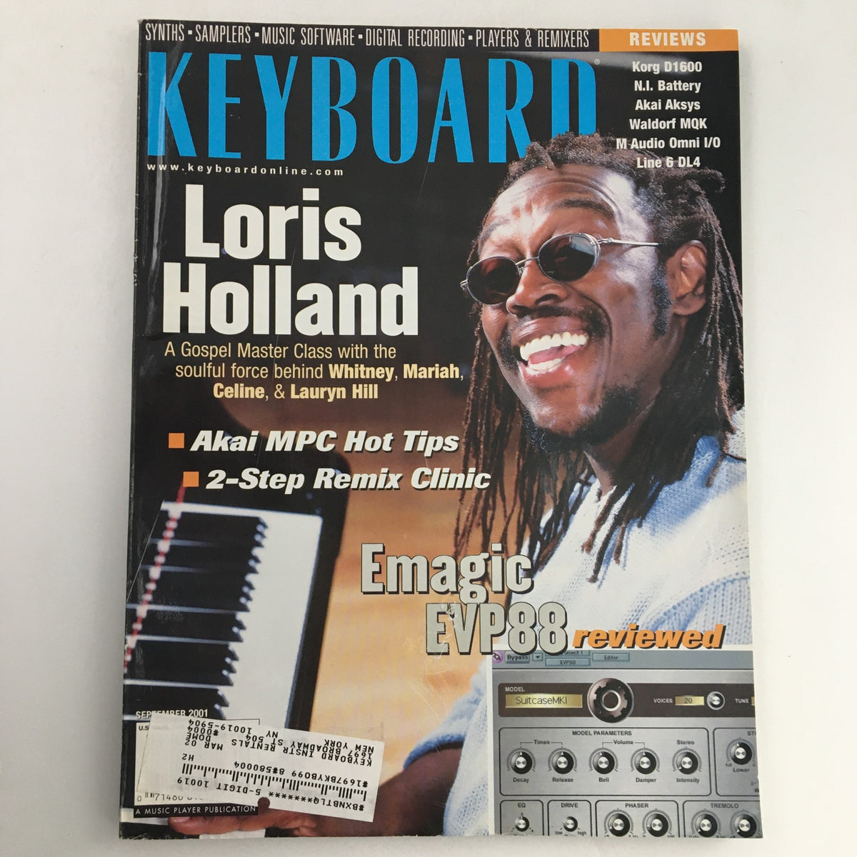 Cover of Keyboard Magazine September 2001 featuring Loris Holland, highlighting a Gospel Master Class, alongside articles on music technology including Akai MPC tips and a review of Emagic EVP88.