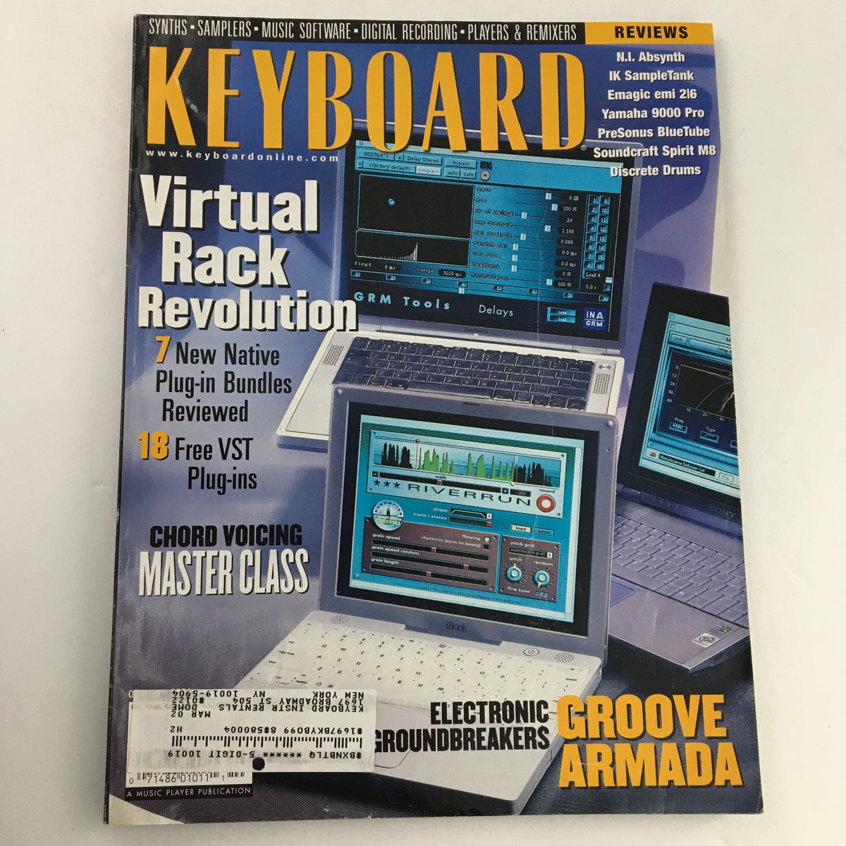Cover of Keyboard Magazine, October 2001 featuring 'Virtual Rack Revolution' and a review of Groove Armada. The cover includes images of virtual instruments and software, emphasizing advancements in electronic music technology.