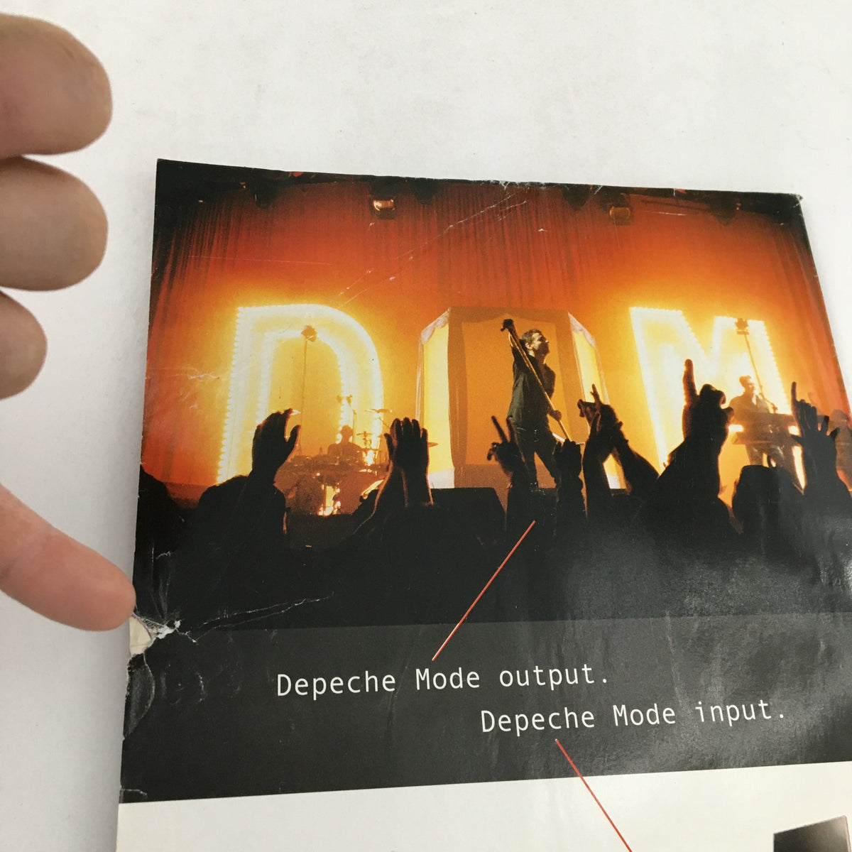 Back cover of Keyboard Magazine, October 2001, showcasing a concert scene with Depeche Mode's logo. Highlights include hands raised in the audience, capturing the energy of live electronic music performances.