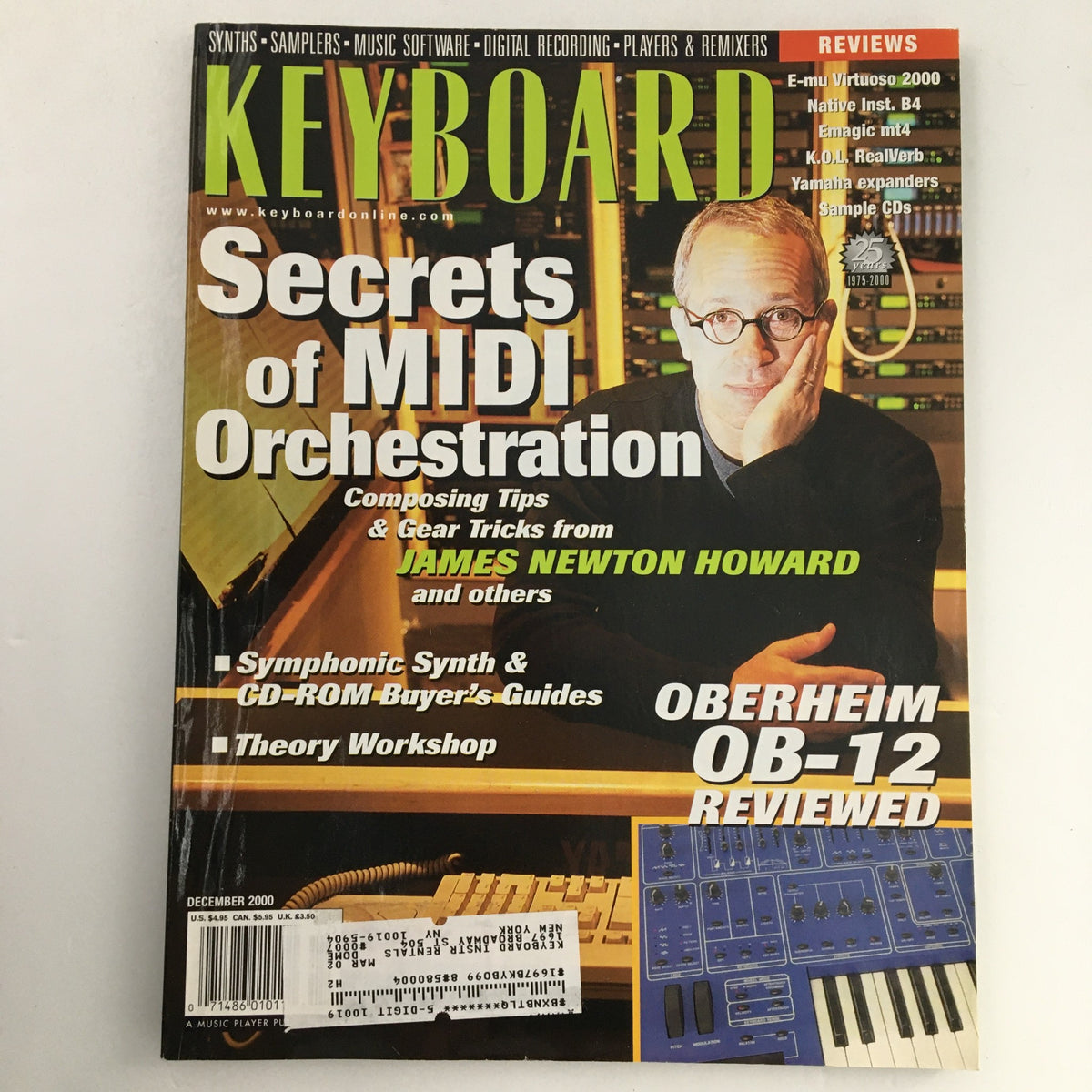 Keyboard Magazine December 2000 featuring a cover with the title 'Secrets of MIDI Orchestration' and a review of the Oberheim OB-12 synthesizer, along with insights from James Newton Howard.