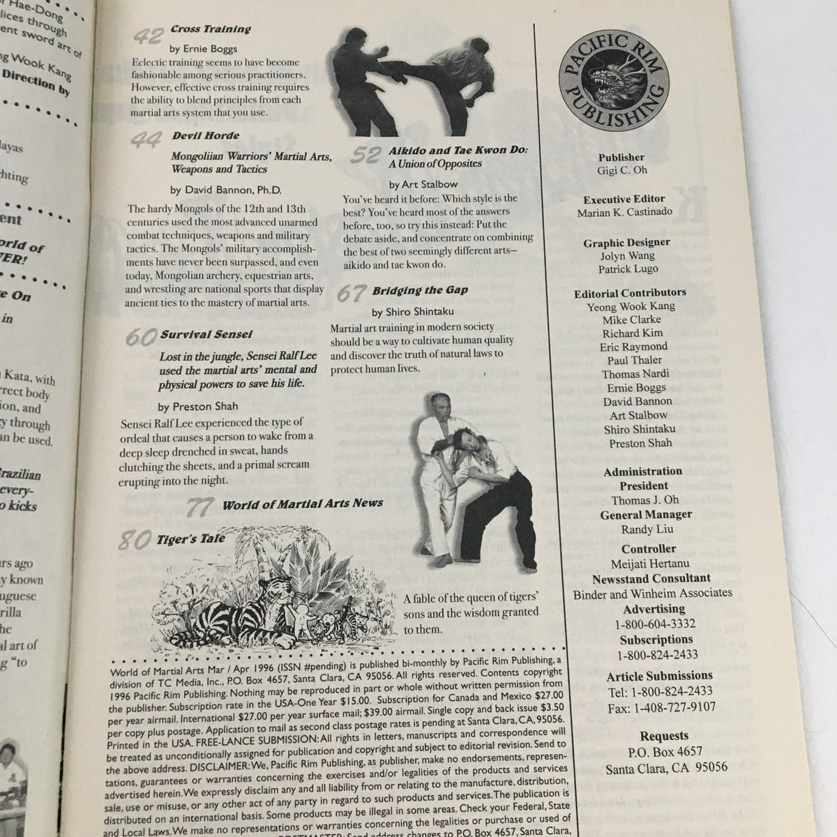 Another inside page of World of Martial Arts Magazine March-April 1996, detailing contents such as 'Cross Training,' 'Aikido and Tae Kwon Do,' and special editorial contributions related to martial arts.