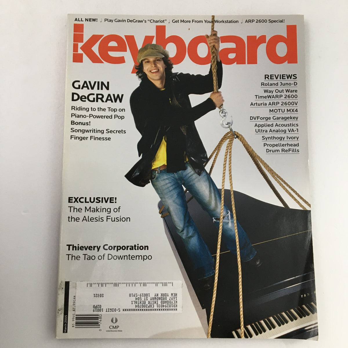 Keyboard Magazine March 2005 featuring Gavin DeGraw on the cover, alongside highlights about Thievery Corporation and an article on the Alesis Fusion synthesizer. The magazine showcases pivotal artists and insights into mid-2000s music culture.
