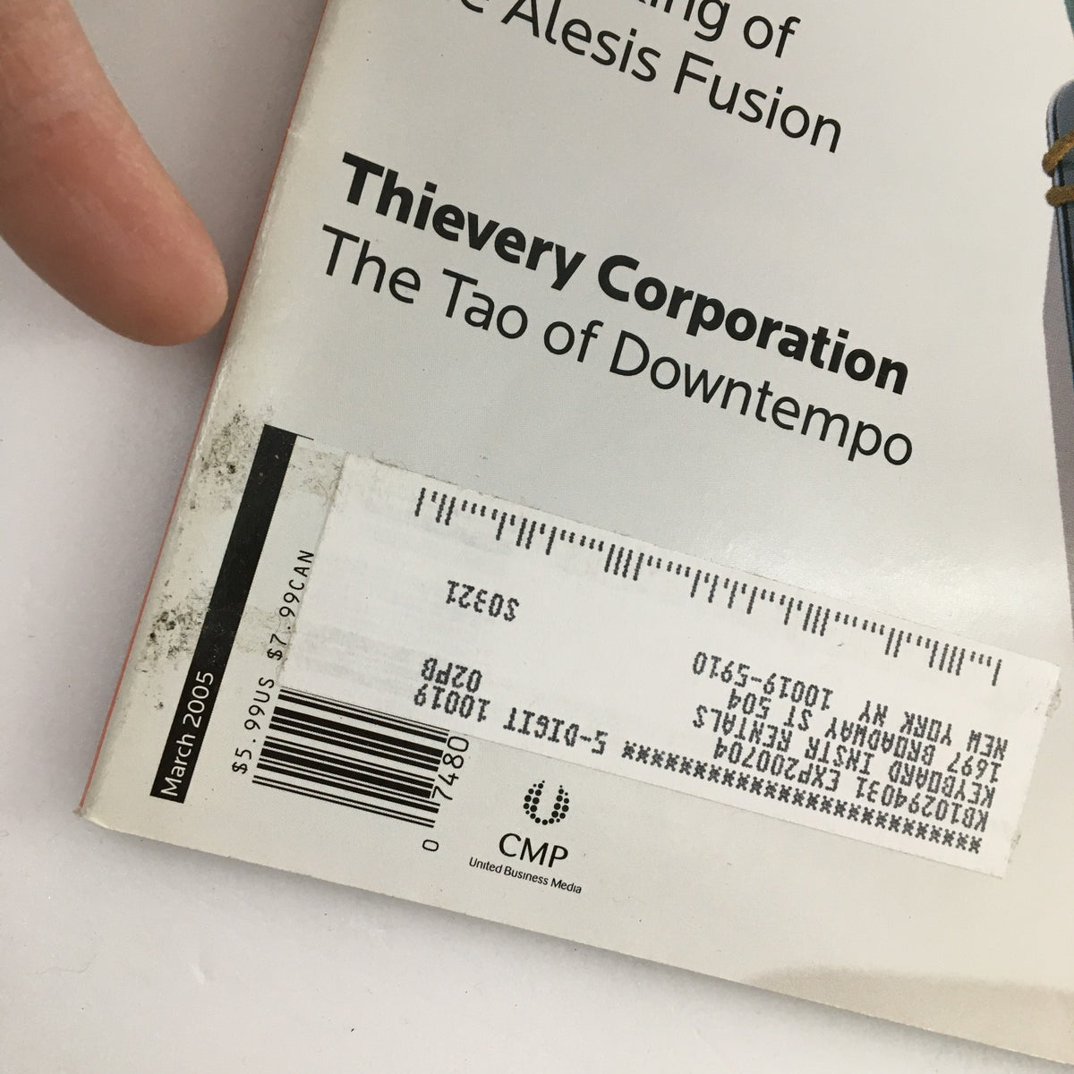 Close-up of Keyboard Magazine March 2005 showing the address label and date, highlighting features on Gavin DeGraw and Thievery Corporation, along with coverage of the Alesis Fusion synthesizer.