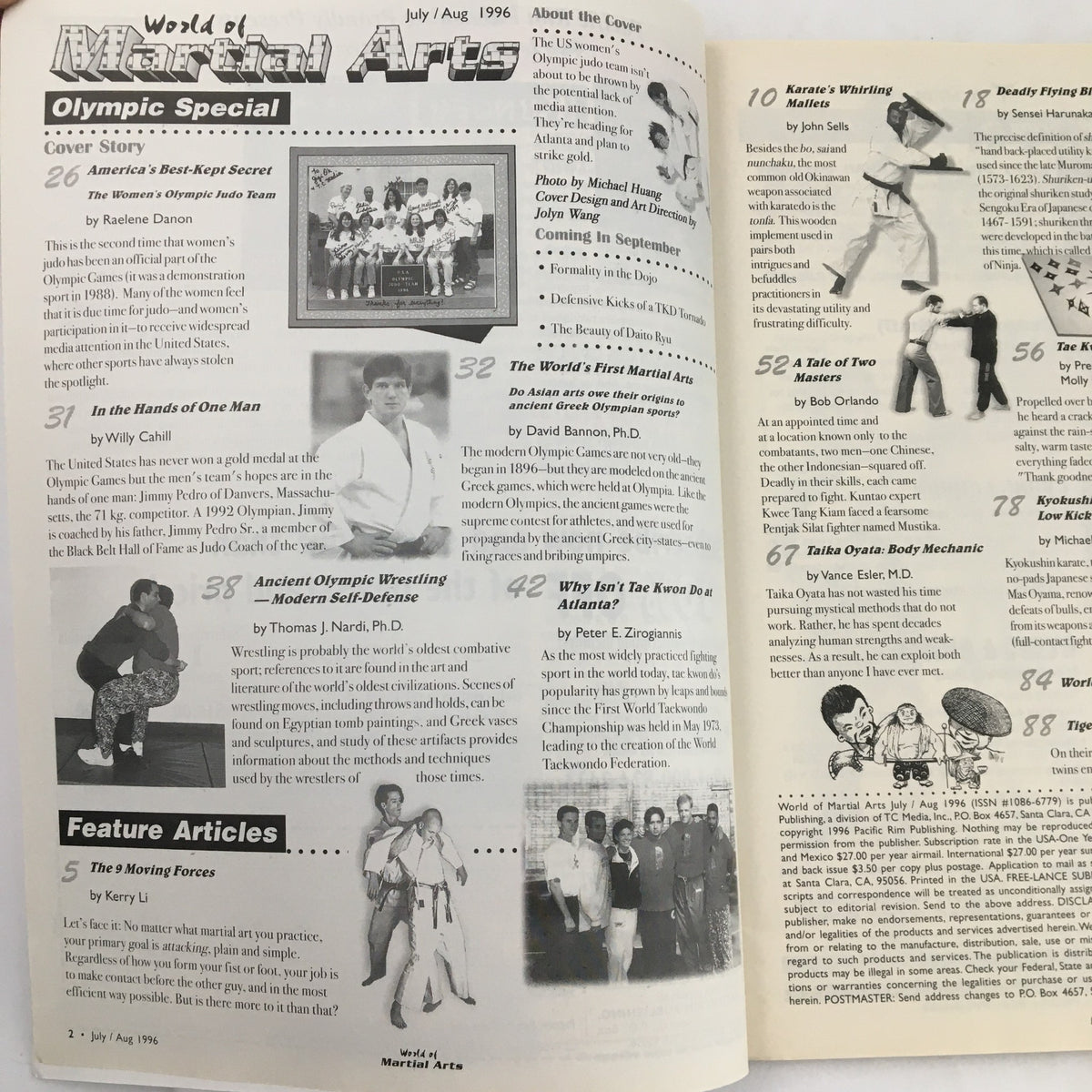 Inside pages of World of Martial Arts Magazine July-August 1996, highlighting articles on the US Women's Olympic Judo Team and various martial arts topics including historical and training insights.