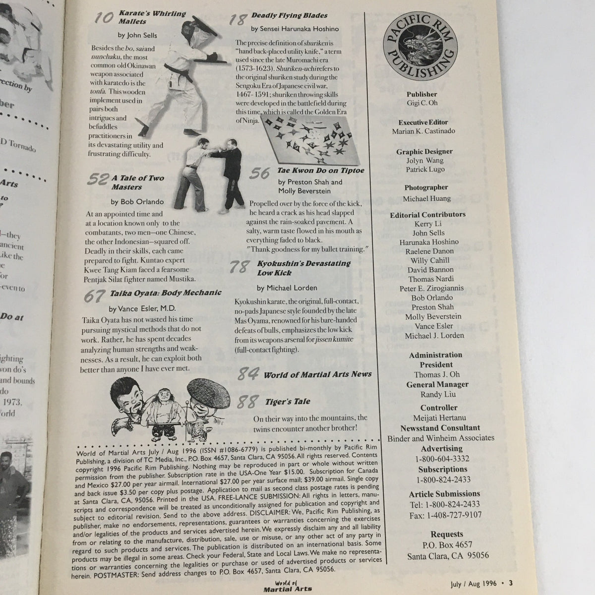 Additional pages from World of Martial Arts Magazine July-August 1996 featuring articles on martial arts techniques and profiles of contributors, emphasizing the depth of martial arts knowledge presented in the issue.