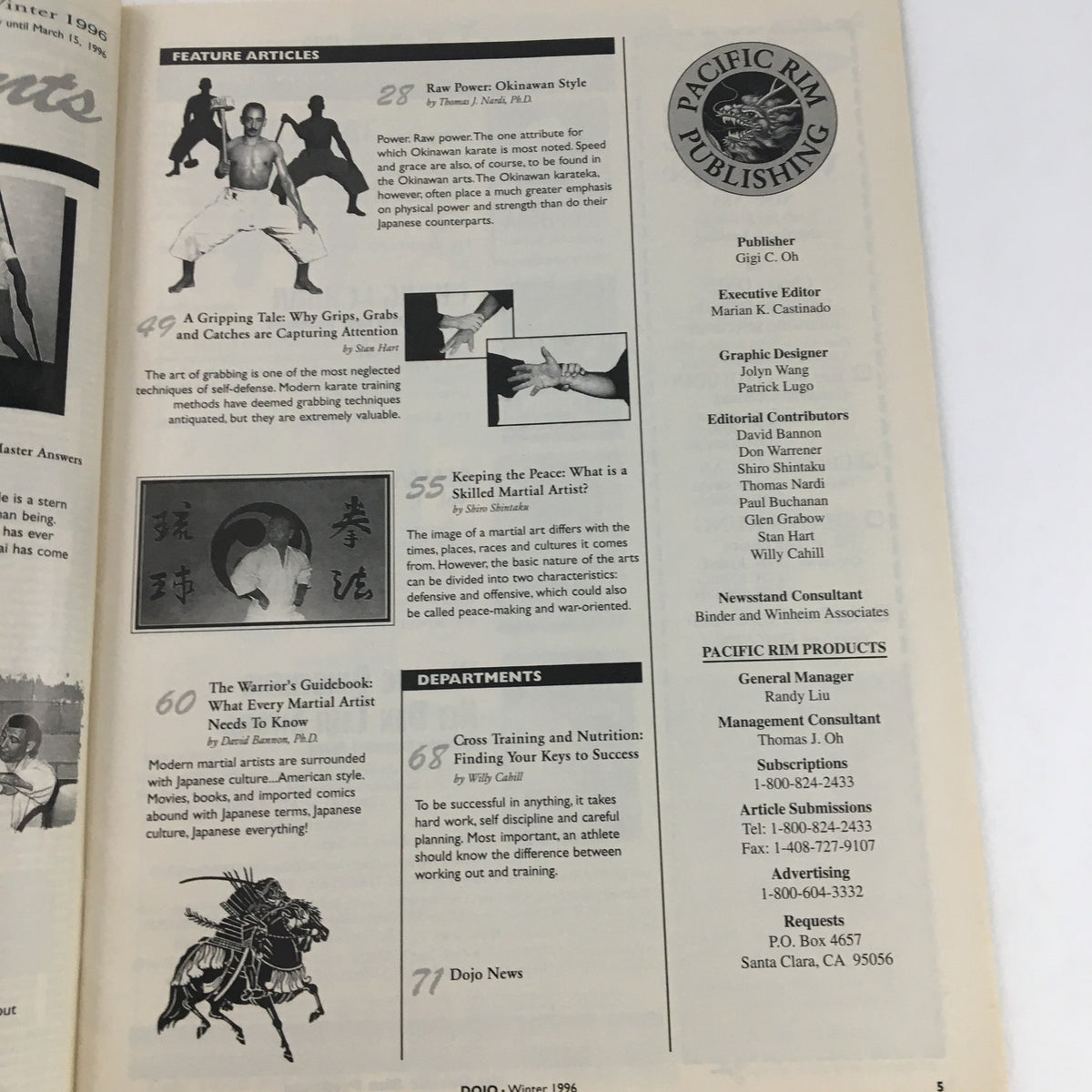 Feature articles section from Budo Dojo Magazine Winter 1996 showcasing topics related to martial arts, including Okinawan style and techniques valuable for modern practitioners.
