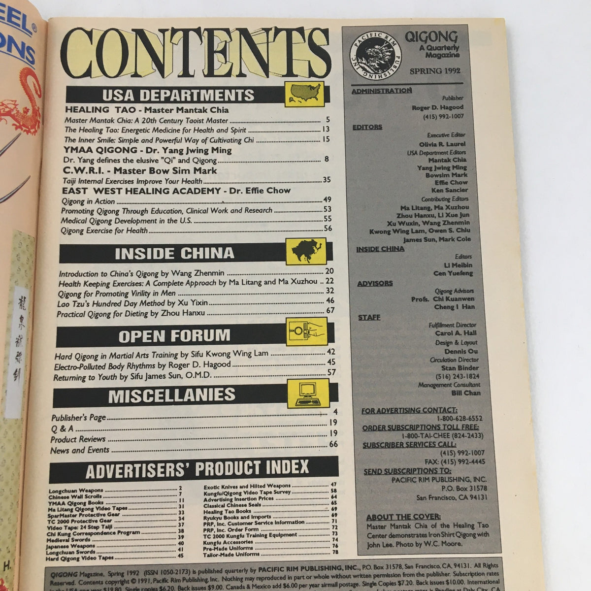 Contents page of Qigong Magazine Spring 1992 featuring articles such as Healing Tao by Master Mantak Chia and Dr. Yang Jwing Ming's exploration of Qi and Qigong. This vintage magazine offers insights into traditional healing arts.
