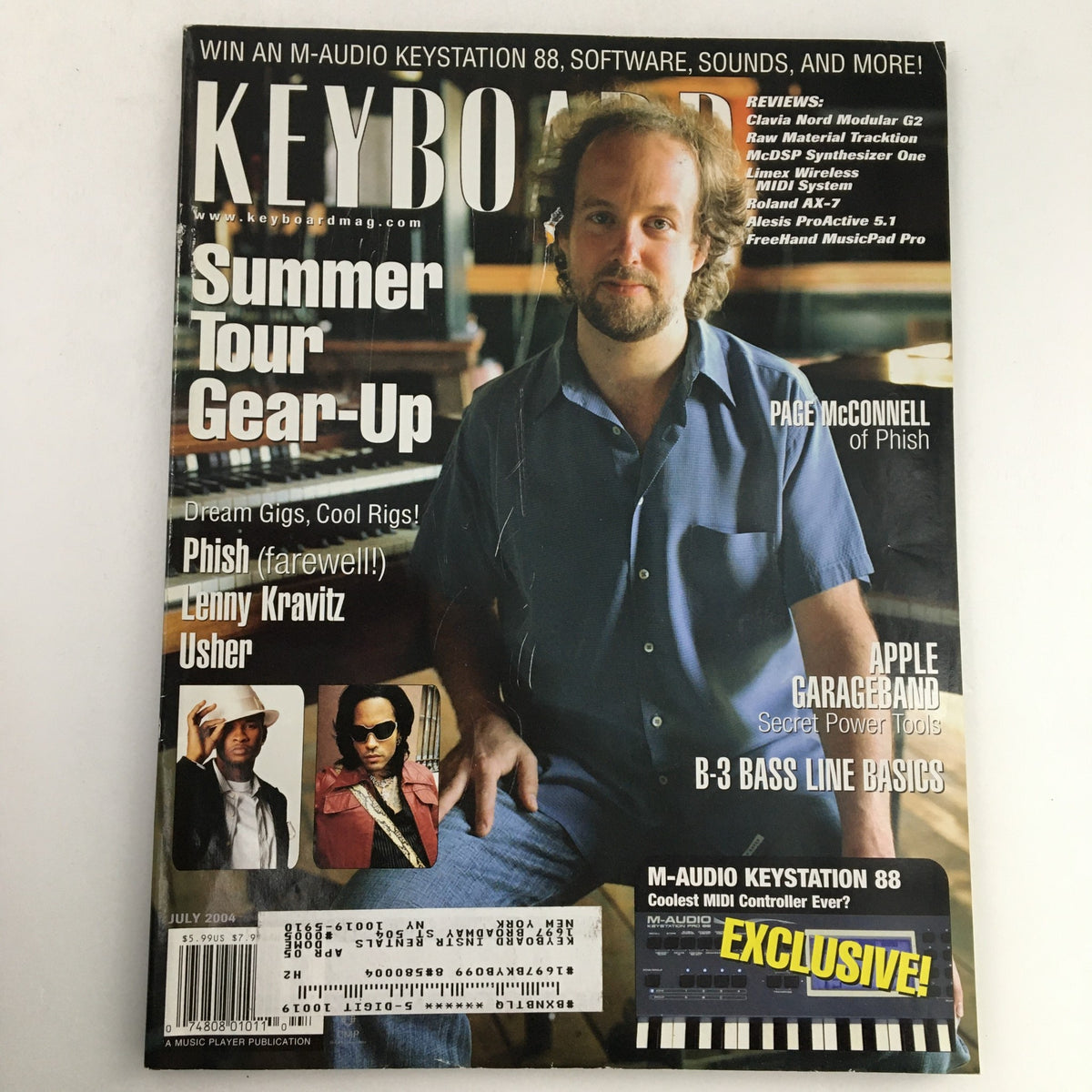 Cover of Keyboard Magazine July 2004 featuring Page McConnell of Phish, along with elements highlighting Lenny Kravitz, Usher, and summer tour gear-up. An informative issue exploring the music scene of the early 2000s.