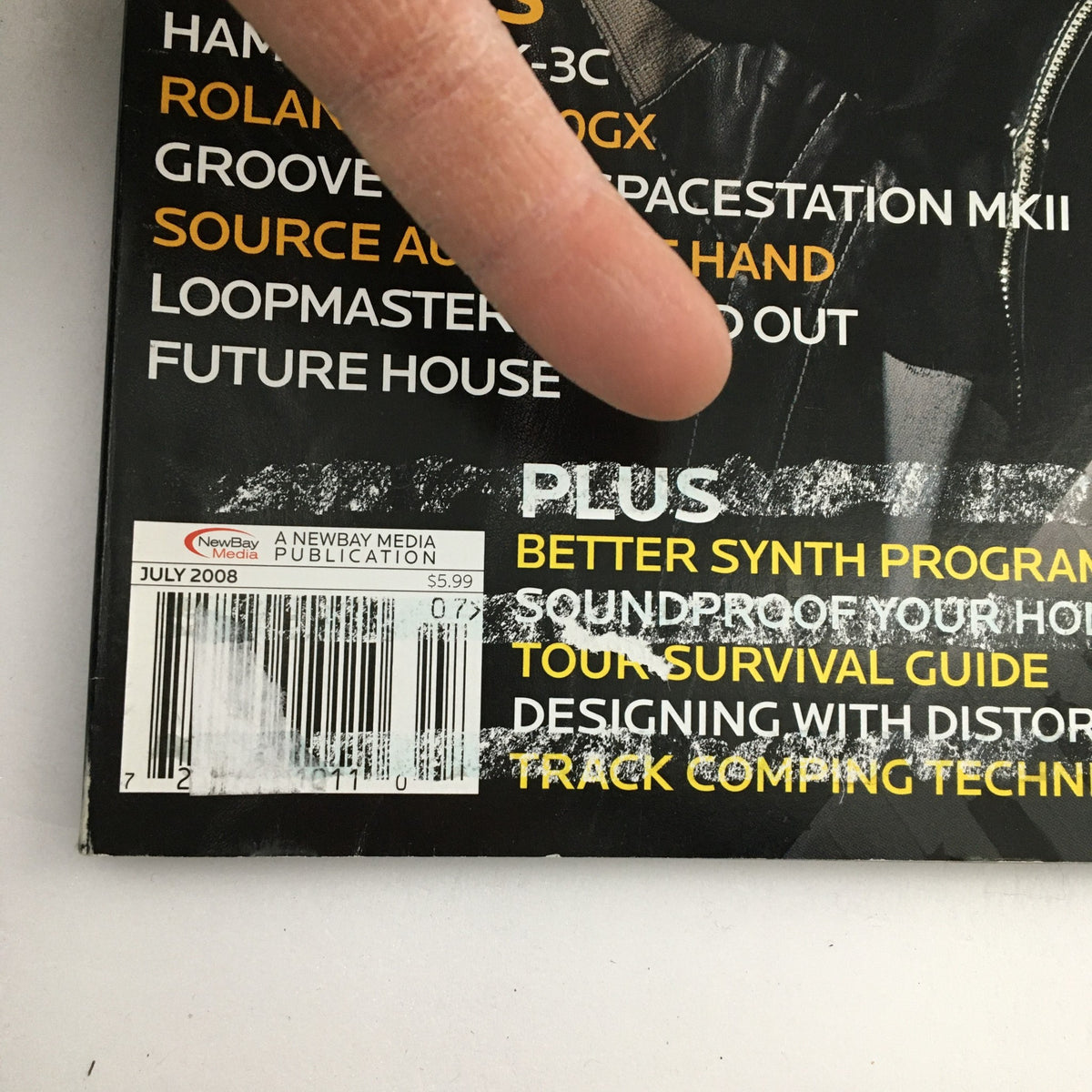 Back corner of Keyboard Magazine July 2008 showing publication details and vintage style, including barcode and pricing.