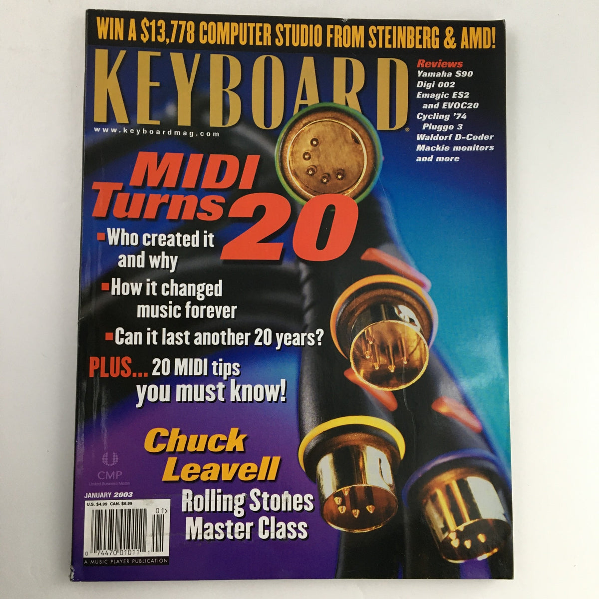 Keyboard Magazine January 2003 featuring Chuck Leavell's Rolling Stones Master Class on the cover, highlighting MIDI advancements and tips for musicians.