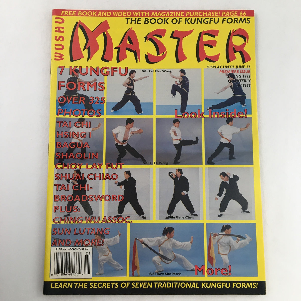 Cover of Wushu Master Magazine Spring 1992 featuring the title and photos of 7 Kung-Fu forms including Tai Chi, Hsing I, and Shaolin. The magazine showcases practices of the Ching Wu Association with vivid imagery capturing martial arts techniques.
