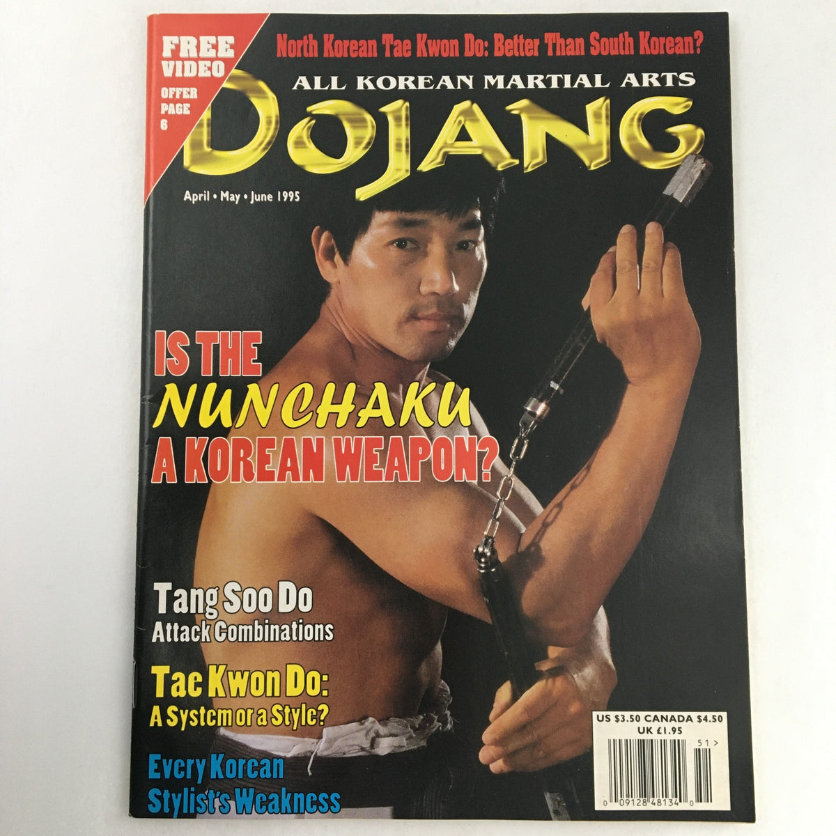Cover of Mudo Dojang Magazine Spring 1995 featuring the title and image of a martial artist demonstrating nunchaku techniques, exploring its significance as a Korean weapon.
