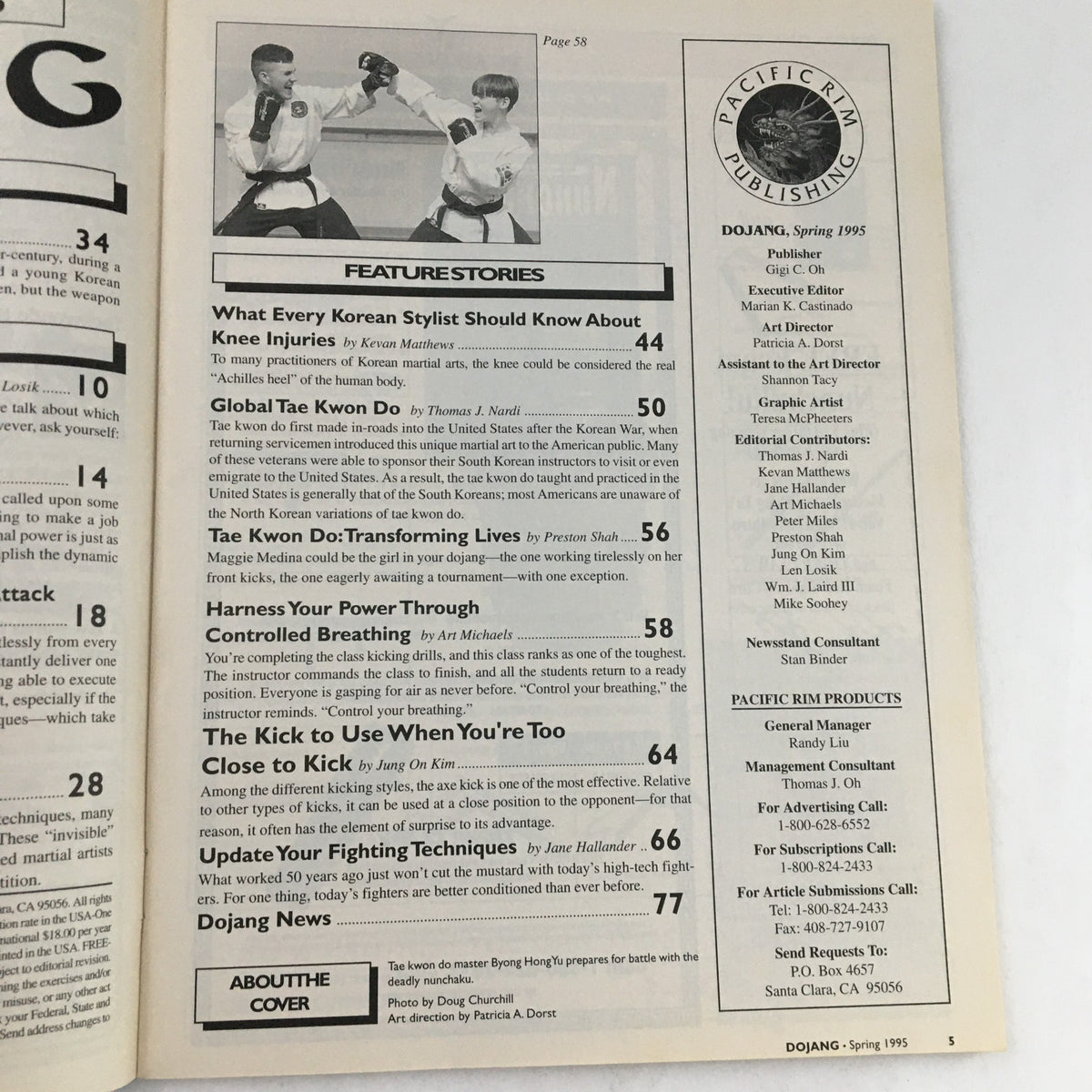 Editorial content page from Mudo Dojang Magazine Spring 1995 showcasing features on Taekwondo, knee injuries, and martial arts training methods.