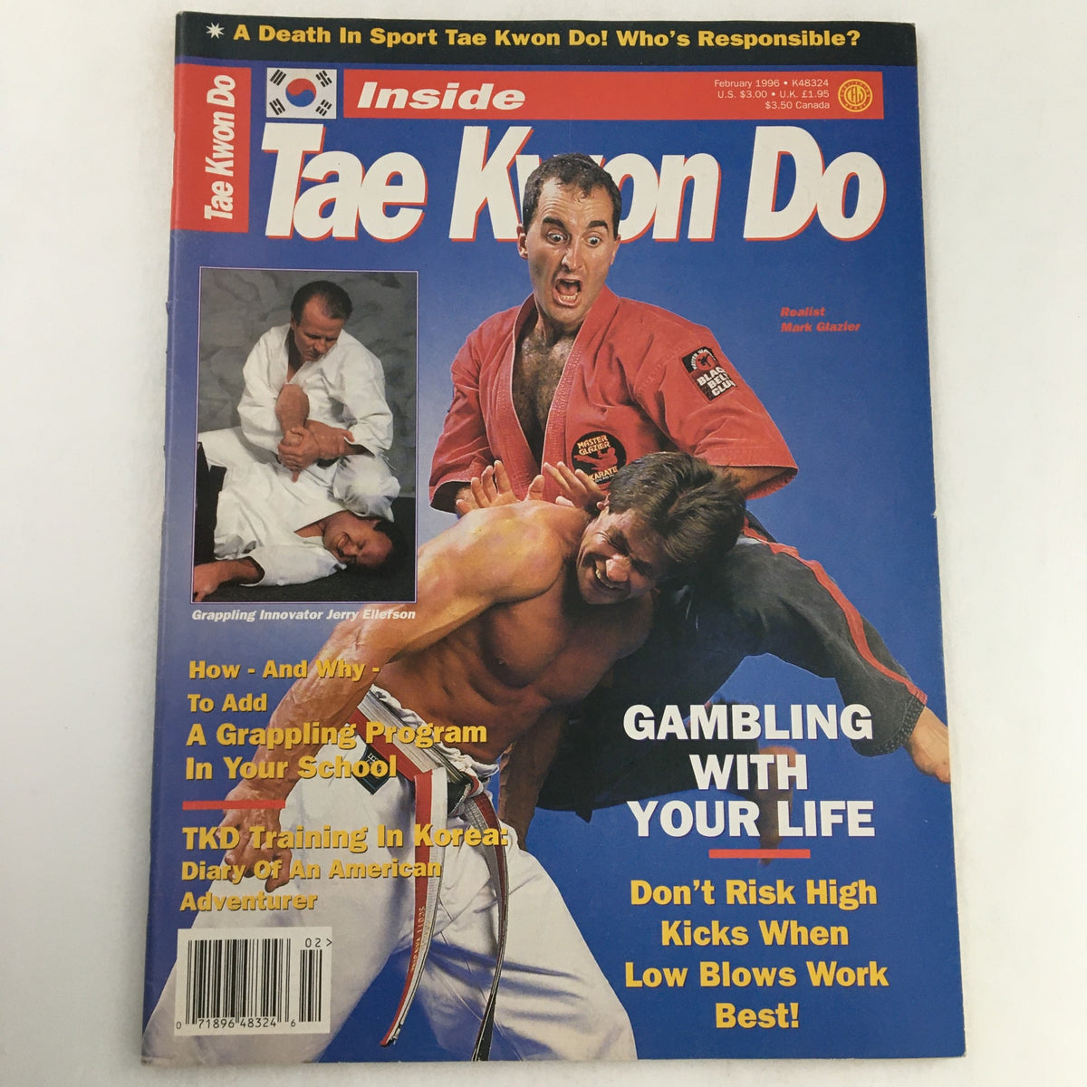 Cover of Inside Tae Kwon Do Magazine February 1996 Vol 5 #2 featuring Mark Glazier demonstrating martial arts techniques during a grapple.