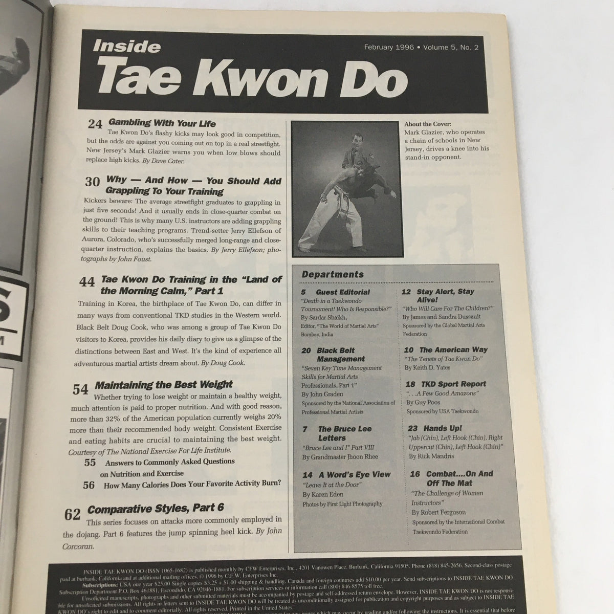 Interior page of Inside Tae Kwon Do Magazine February 1996 Vol 5 #2 highlighting articles on training methods and grappling strategies in martial arts.