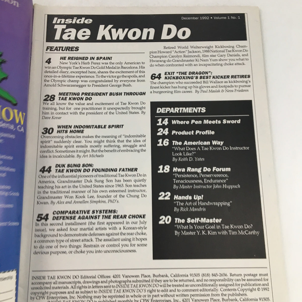 Interior page of Inside Tae Kwon Do Magazine, December 1992, Volume 1 Issue 1 containing an article summary and features on martial arts, including interviews and training tips.