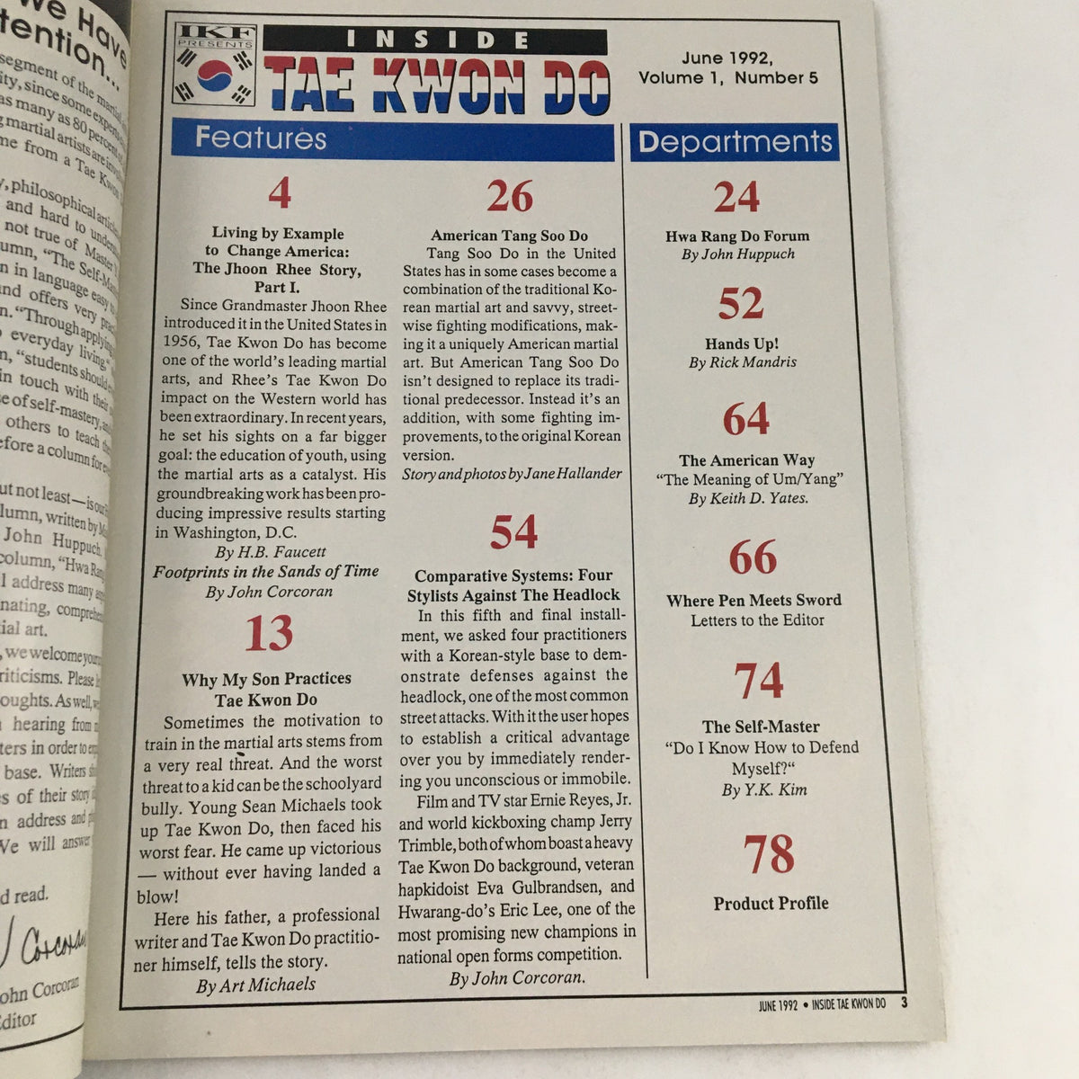 Contents page of Inside Tae Kwon Do Magazine June 1992 Volume 1 Issue 5 highlighting various articles including 'The Jhoon Rhee Story' and 'Comparative Systems: Four Stylist Against The Headlock'.